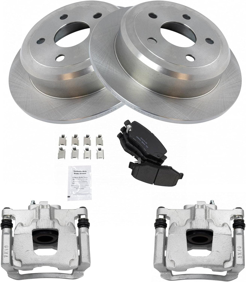 TRQ Rear Brake Pad and Rotor Set Ceramic Rotors Calipers Compatible with 2007-2017 Jeep Wrangler 2018 Wrangler JK