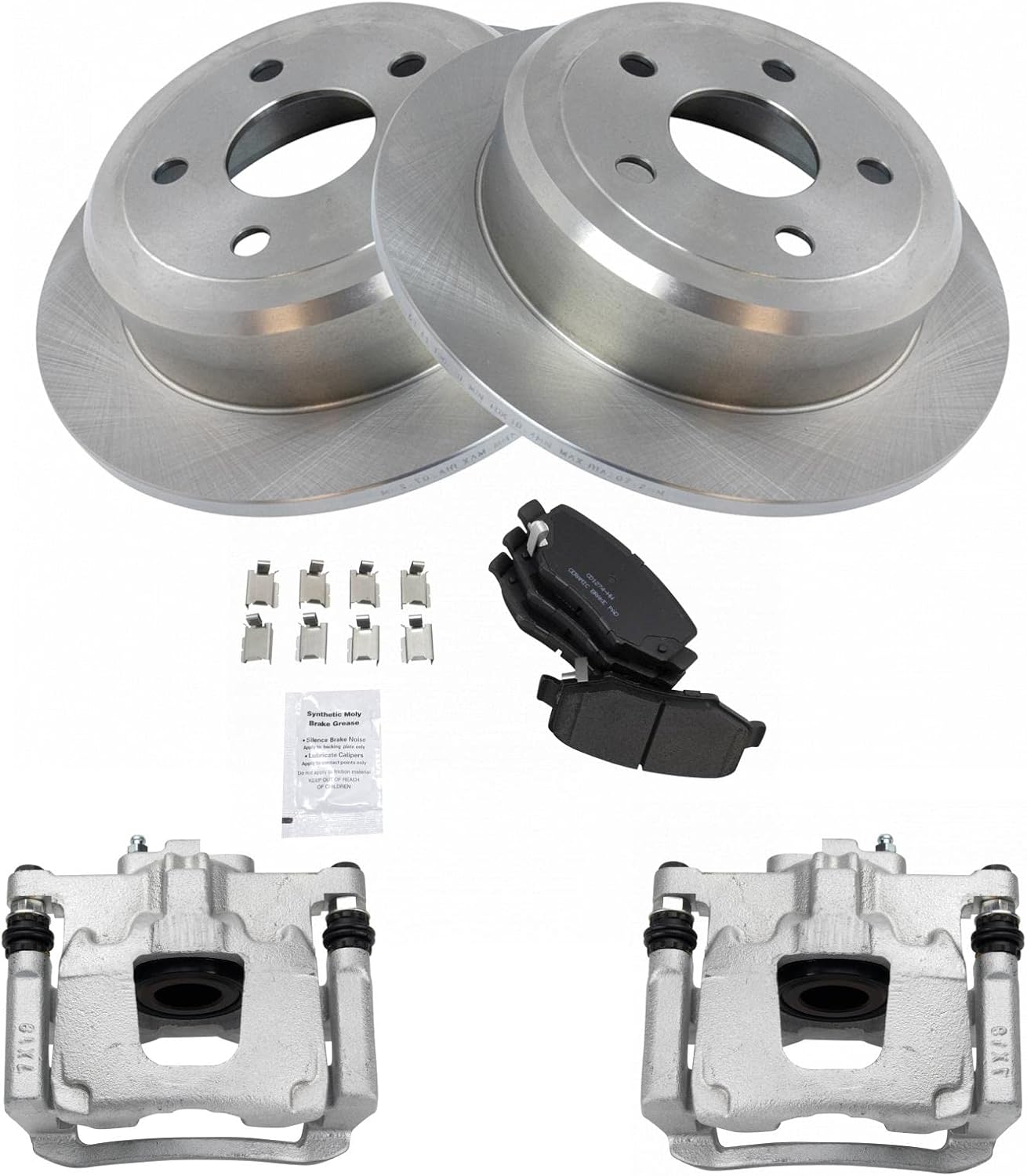 TRQ Rear Brake Pad and Rotor Set Ceramic Rotors Calipers Compatible with 2007-2017 Jeep Wrangler 2018 Wrangler JK