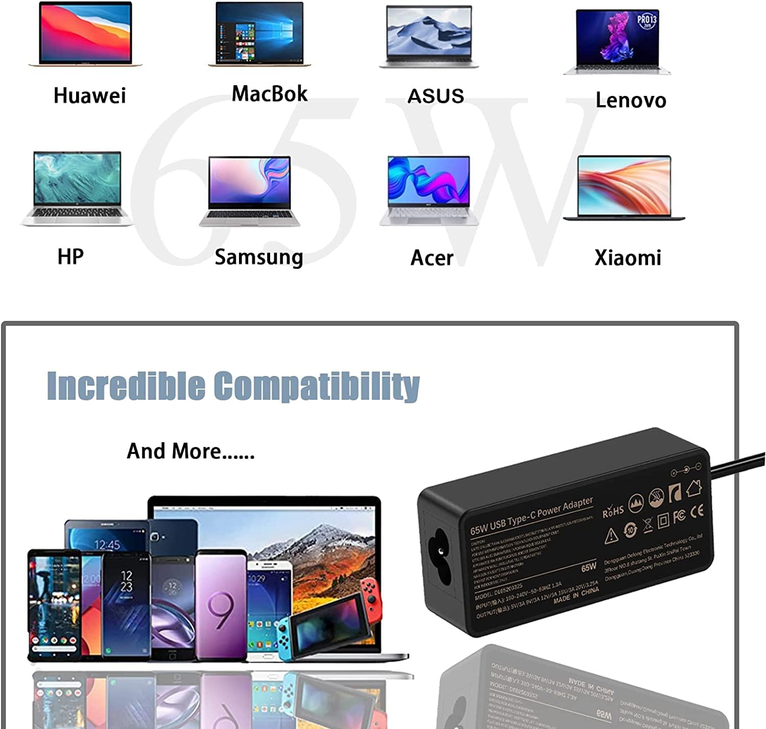 50 Pack 65W USB C Chromebook Laptop Charger Compatible with Lenovo ThinkPad T480s T580s T490 E480 E580, Yoga C930 C940 C740 S730 730 730S 910 920 ADLX65YCC3D AC Adapter