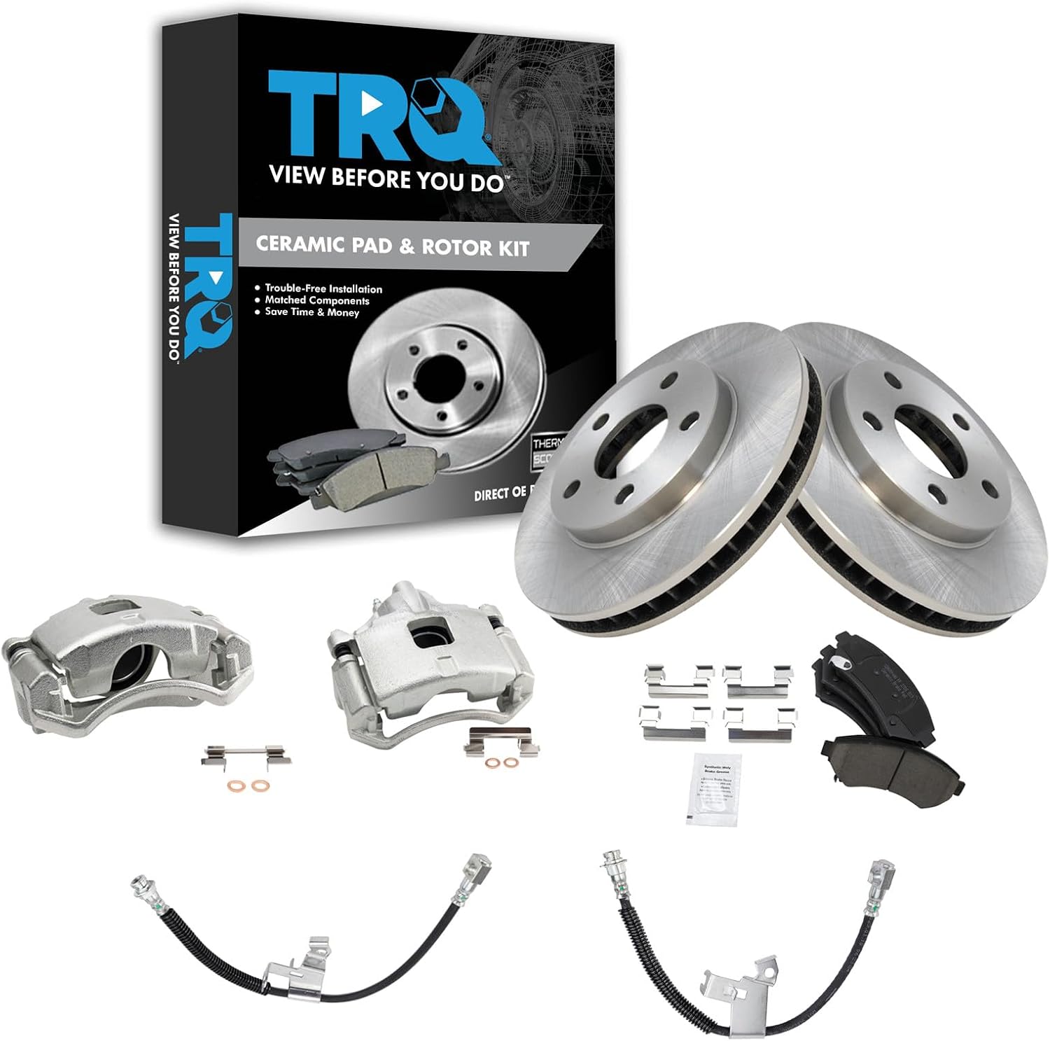 TRQ Front Brake Pad and Rotor Set Ceramic Vented Rotors Calipers Hoses Compatible with 2000-2005 Buick LeSabre Pontiac Bonneville