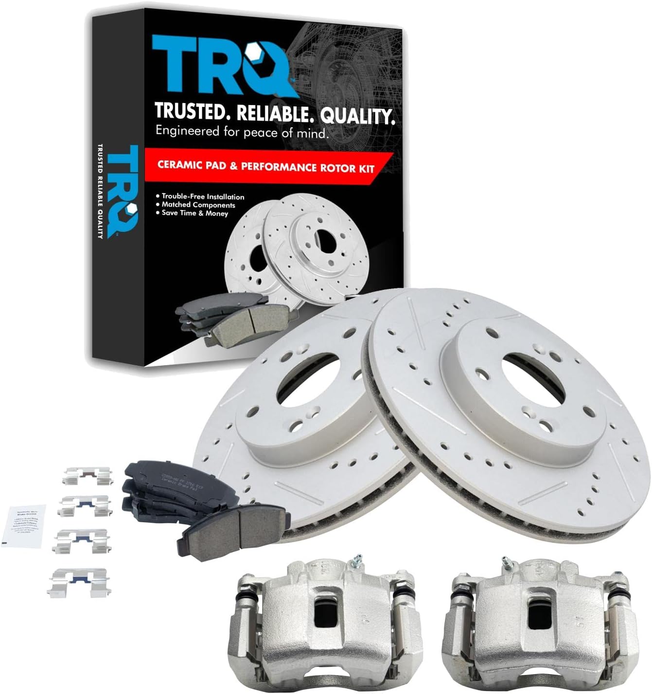 TRQ Performance Front Brake Pad and Rotor Set Ceramic Vented Coated Slotted Drilled Rotors Calipers Compatible with 2004 Honda Accord