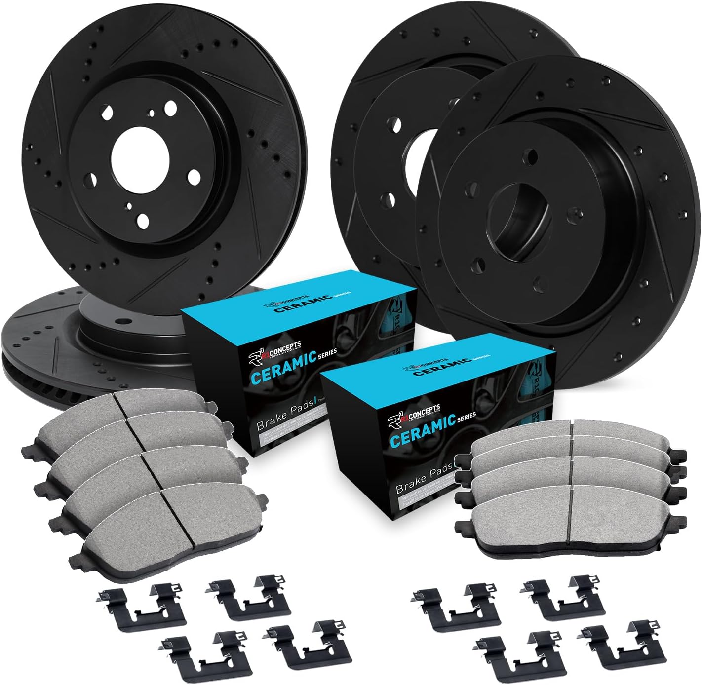 R1 Concepts Front and Rear Brake Kit Fits 2002-2006 Audi A4| Ceramic Pads, Drilled Slotted Rotors| Hardware| 11.3' Front & 9.6' Rear