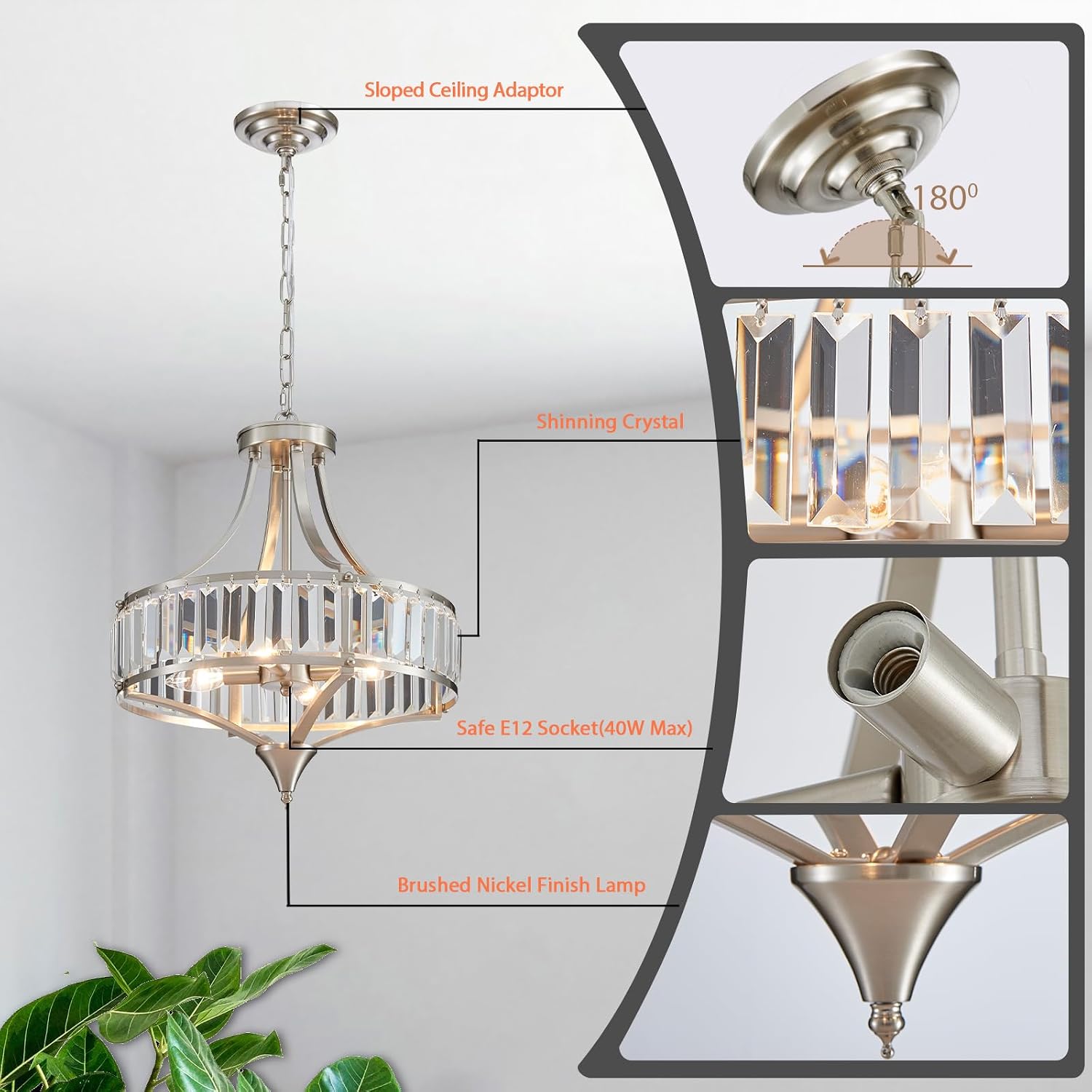 Crystal Chandeliers for Dining Room Rustic Farmhouse Pendant Round 4-Light Brushed Nickel Lighting Fixture for Dining Room Kitchen Island Hallway Bedroom Home Office