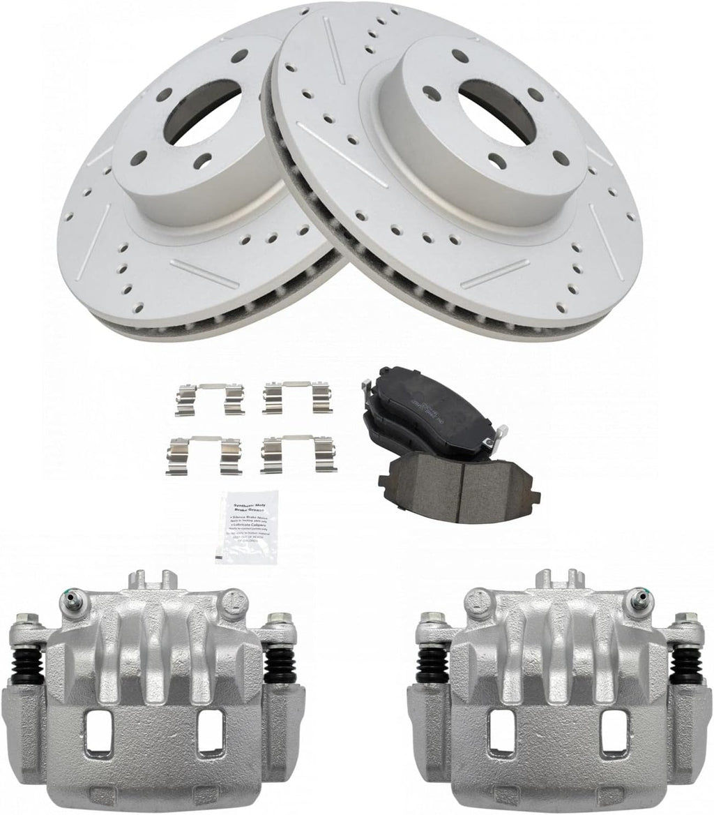 TRQ Performance Front Brake Pad and Rotor Set Ceramic Coated Drilled Slotted Rotors Calipers Compatible with 2005-2006 Saab 9-2X 2002-2010 Subaru Impreza 2003-2005 Legacy