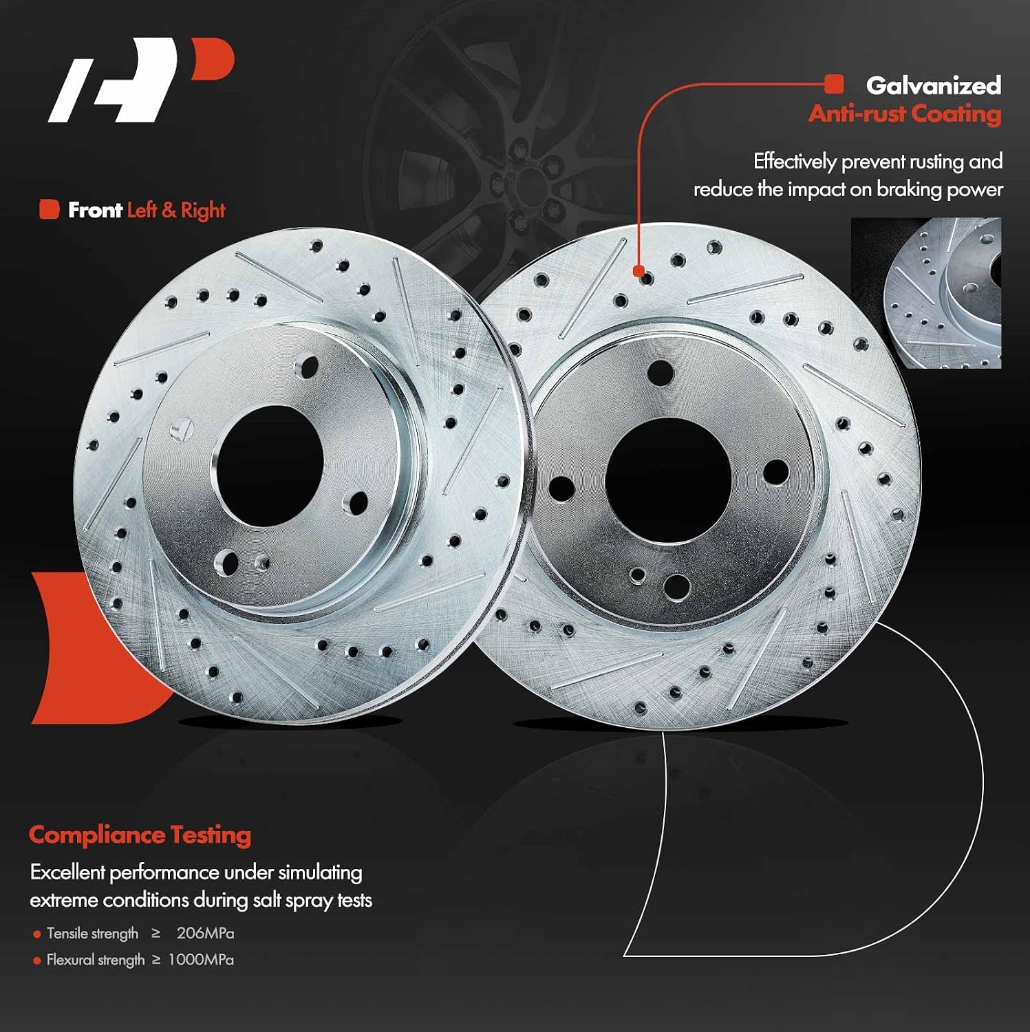 A-Premium 10.16 inch (257.9mm) Front Drilled and Slotted Disc Brake Rotors + Ceramic Pads Kit Compatible with Select Ford Models - Fiesta 2011-2019, 6-PC Set