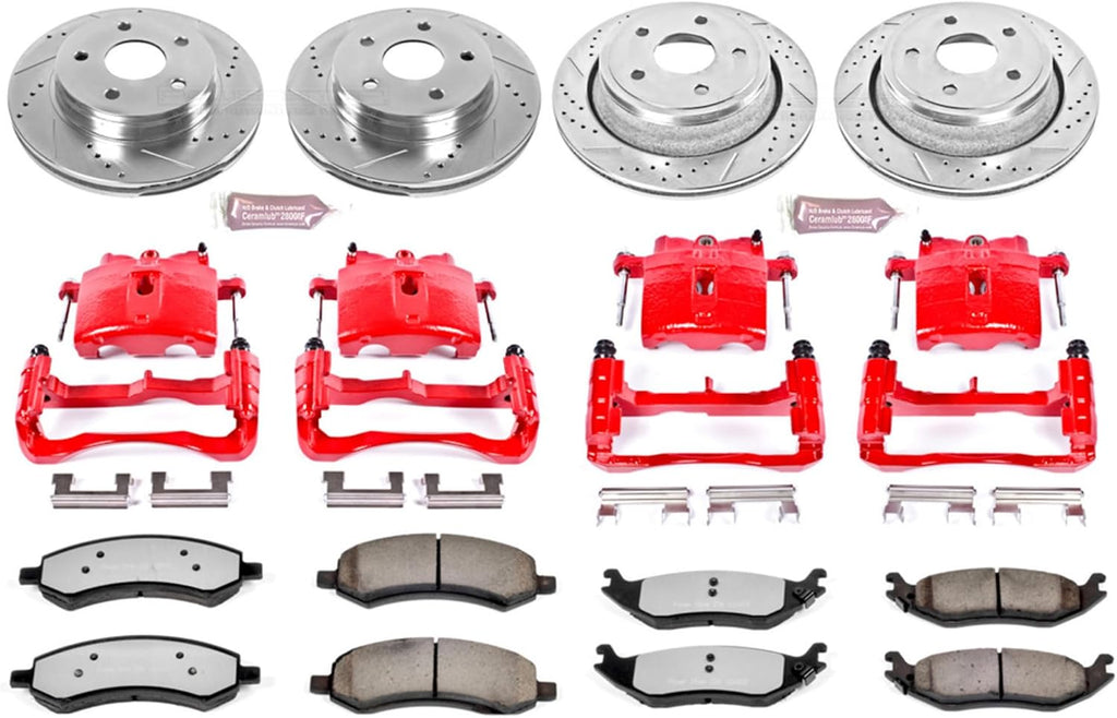 PowerStop Front and Rear Brake & Caliper Kit for Dodge Ram 1500 2006-08 - Drilled & Slotted Disc Rotors + Z36 Brake Pads + Red-Powder Coated Calipers, KC2164-36