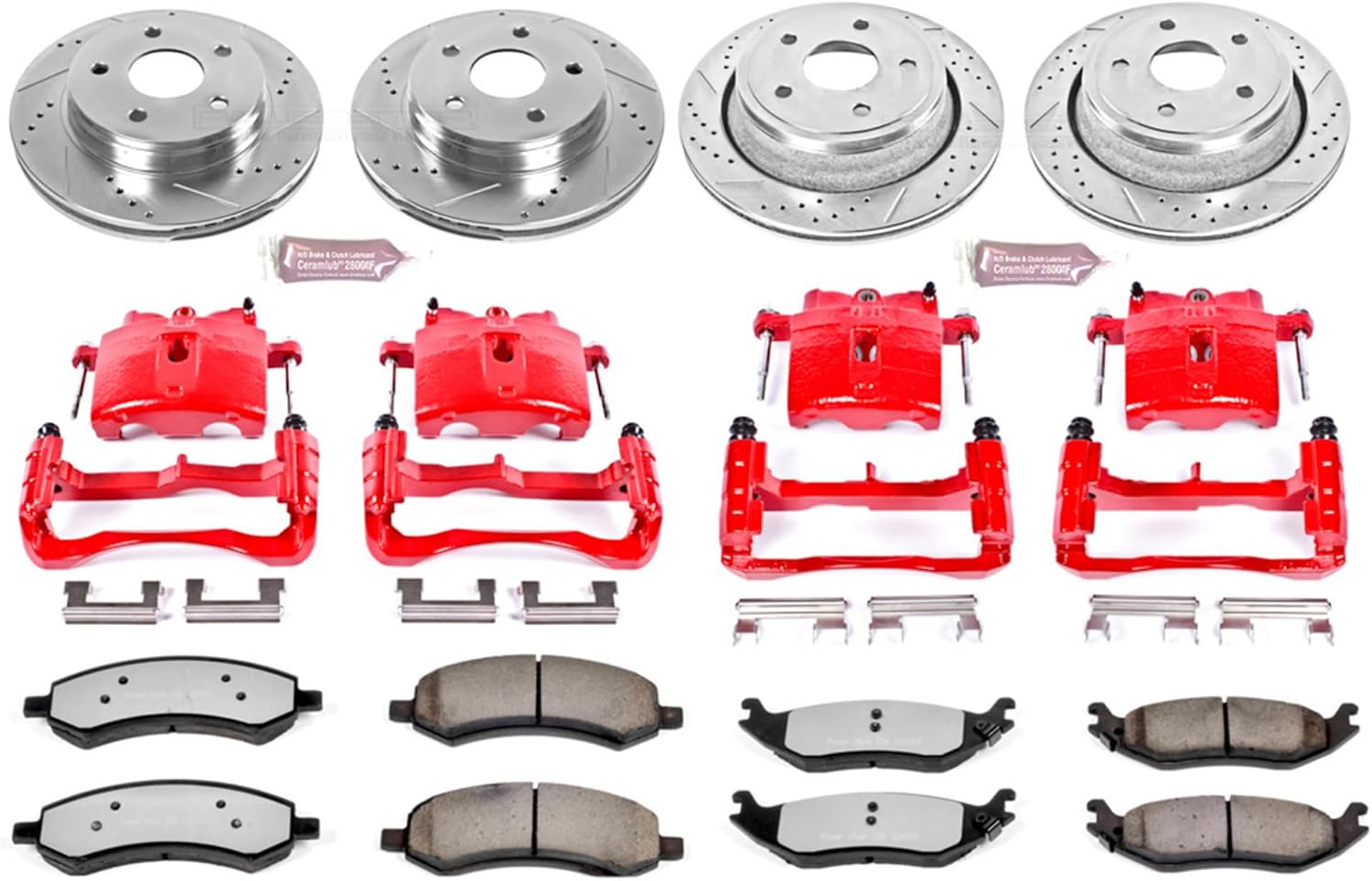 PowerStop Front and Rear Brake & Caliper Kit for Dodge Ram 1500 2006-08 - Drilled & Slotted Disc Rotors + Z36 Brake Pads + Red-Powder Coated Calipers, KC2164-36
