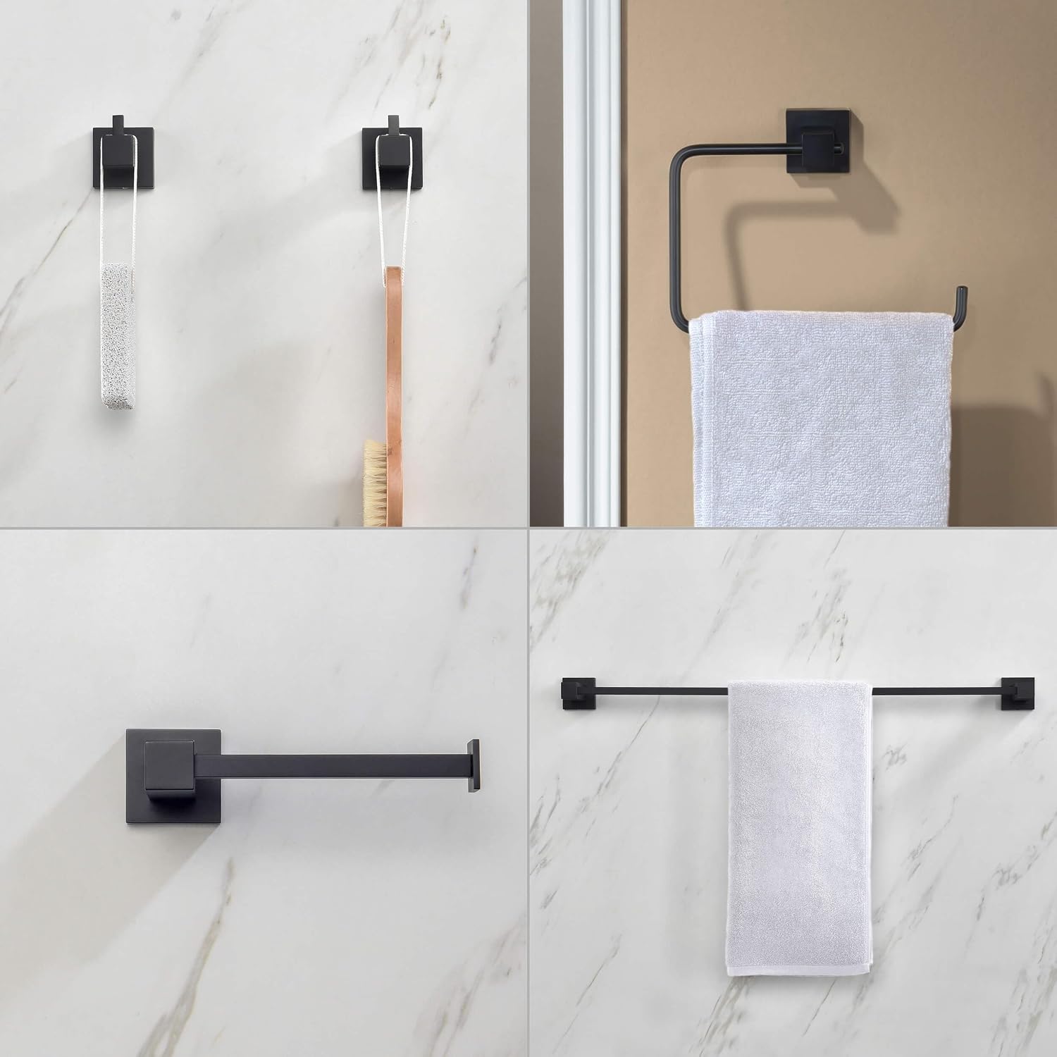 KIBI Cube 5-Piece Bathroom Hardware Set – Wall Mounted Bath Accessories Kit, Premium Brass, Includes Towel Bar, Towel Ring, Toilet Paper Holder, Robe Hook & Towel Hook (Matte Black, C-KBA15-5-1)