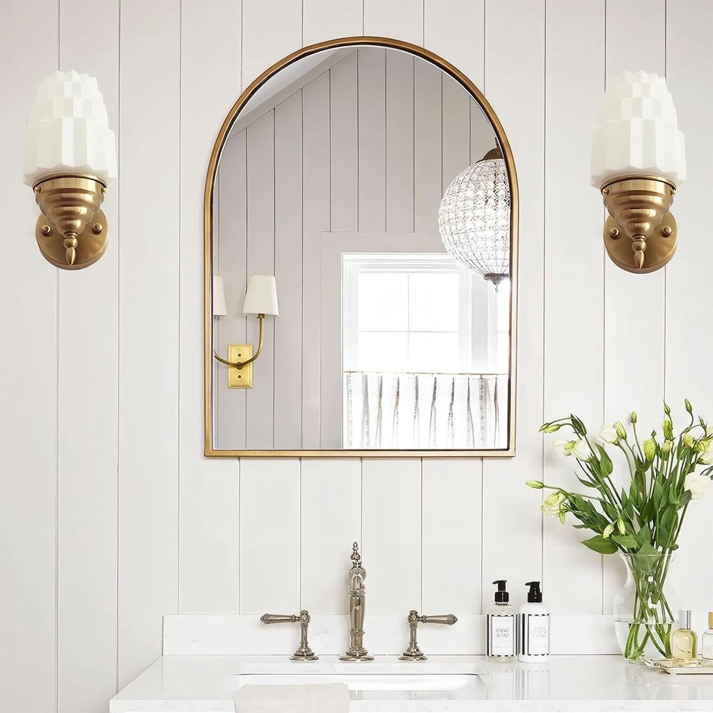 Art Deco Brushed Nickel Wall Sconce White Tiered Fluted Glass Shade 3-Color Adjustable Bulb Included Up and Down Mountable Vanity Light Fixture for Bathroom Bedroom Living Room Hallway Decor(Gold)