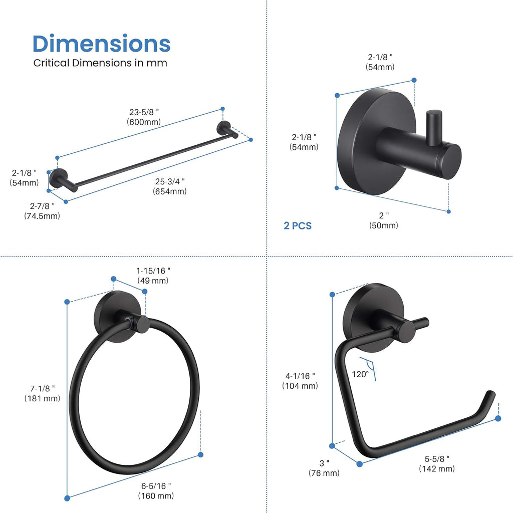 KIBI 5-Piece Bathroom Hardware Set – Wall Mounted Circular Bathroom Accessories Kit with 24 Inch Towel Bar, 10 Inch Towel Ring, Toilet Paper Holder & 2 Robe Hooks – Matte Black