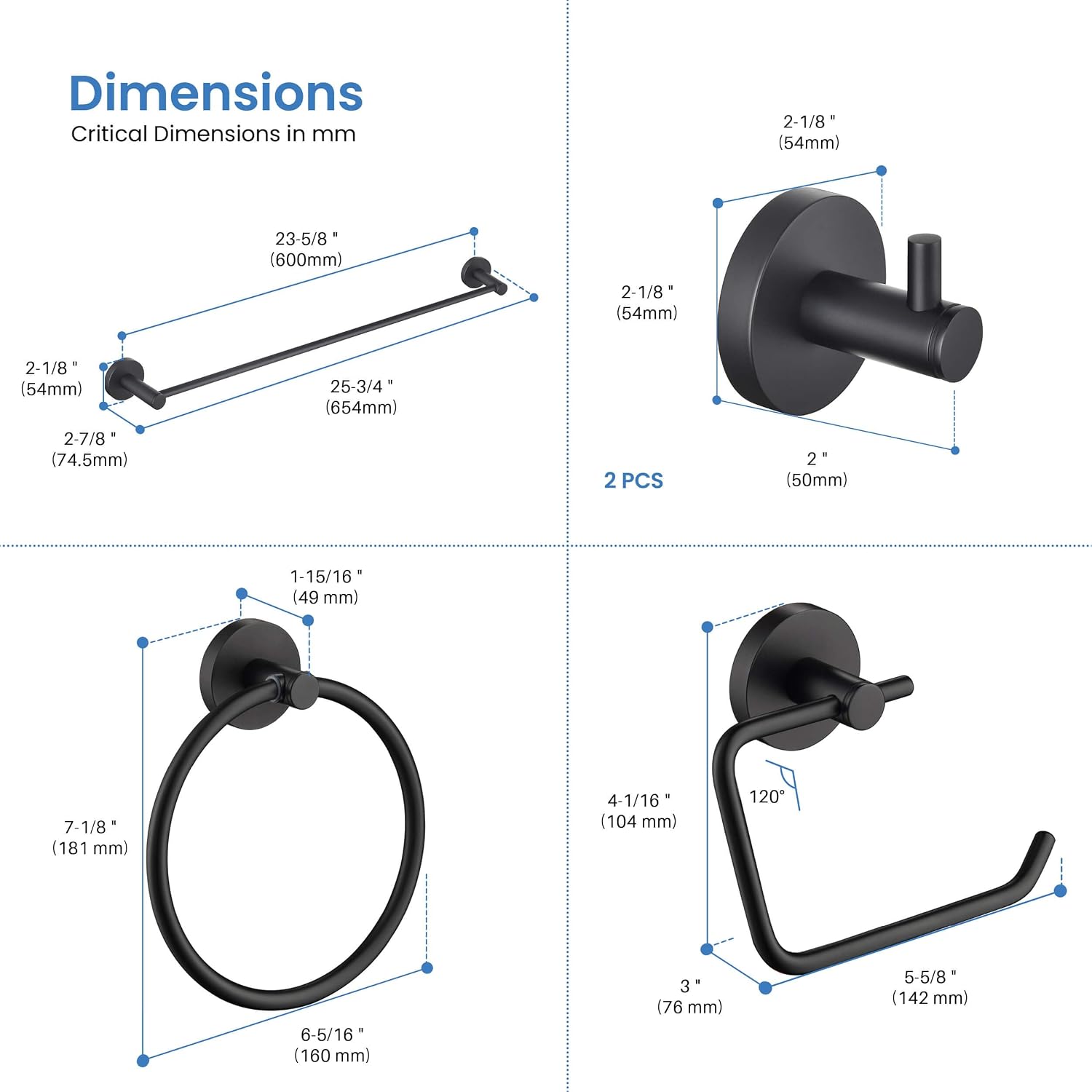 KIBI 5-Piece Bathroom Hardware Set – Wall Mounted Circular Bathroom Accessories Kit with 24 Inch Towel Bar, 10 Inch Towel Ring, Toilet Paper Holder & 2 Robe Hooks – Matte Black