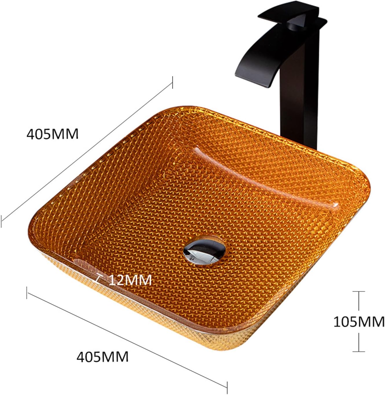 Bathroom Vessel Sink Crystal Glass Vessel Bowl Sink Square Vessel Sink Art Basin Counter Top Installation Bathroom Vanity Sinks with Brass Pop Up Drain-Gold (Gold)
