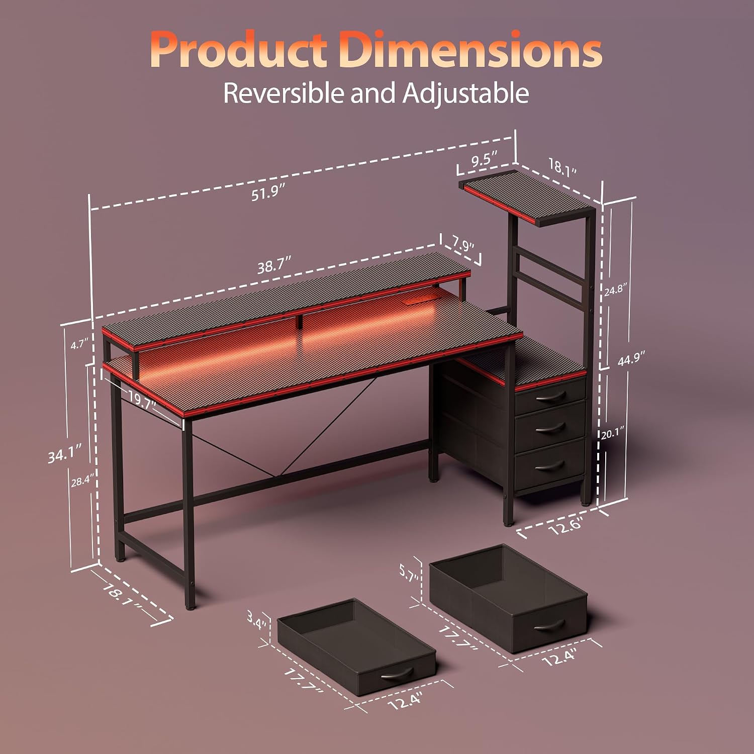 Mericonia 52 inch Gaming Desk with LED Lights & Power Outlets, Reversible Computer Desk with Storage Drawers & Monitor Stand, Large Gaming Table for Home Office