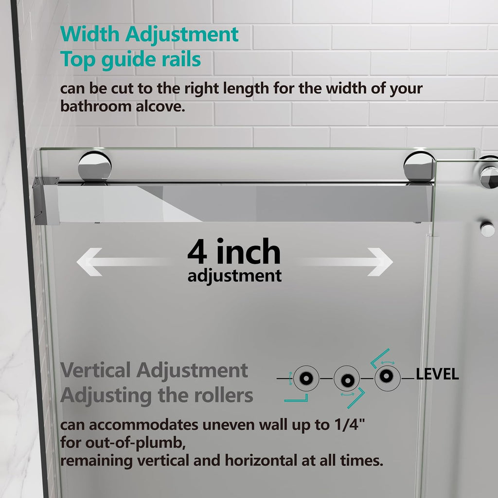 Shower Doors Soft Close 56-60' W x 76' H Ultra-Clear Single Sided Frosted Double Sliding Frameless 3/8'(10mm) Temperedd Glass with Towel Bar Handle(Chrome)