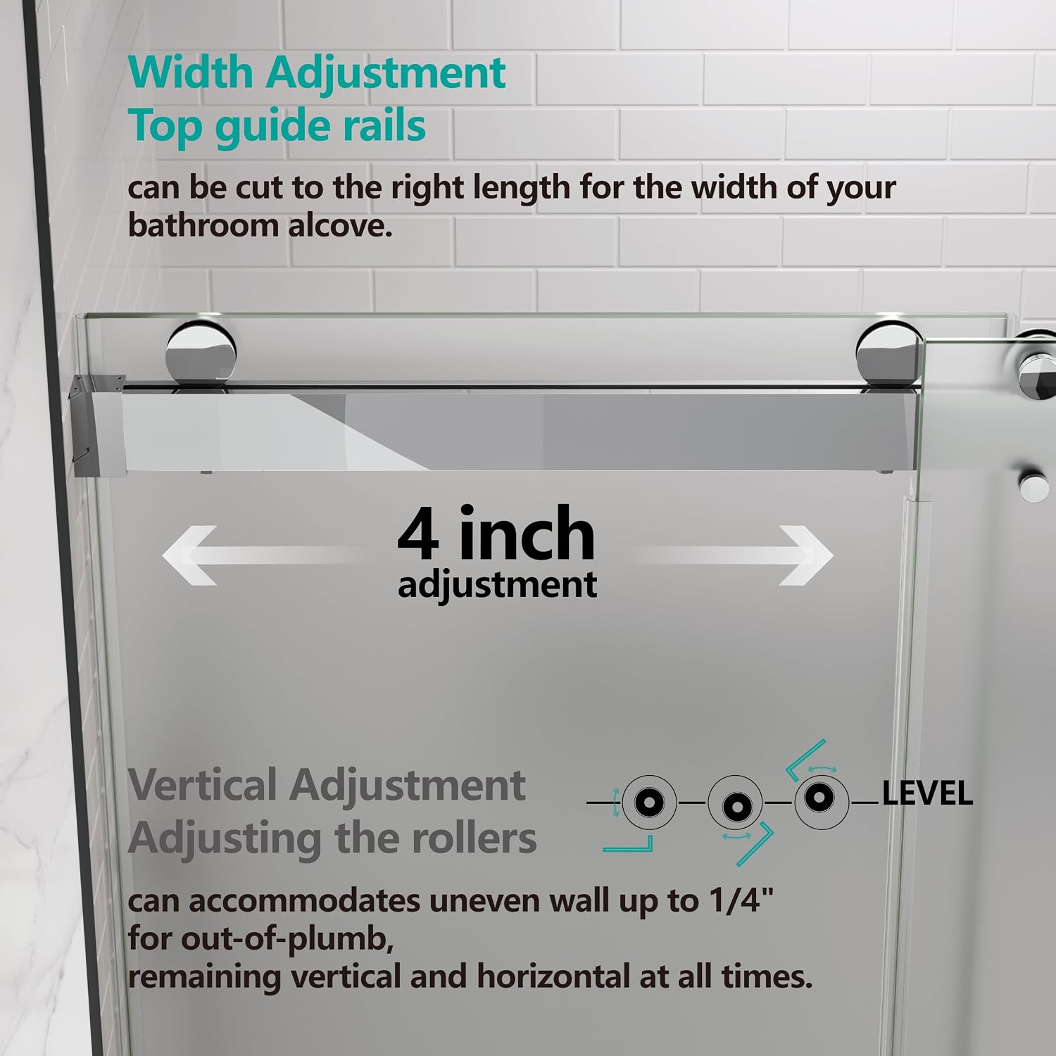 Shower Doors Soft Close 56-60' W x 76' H Ultra-Clear Single Sided Frosted Double Sliding Frameless 3/8'(10mm) Temperedd Glass with Towel Bar Handle(Chrome)