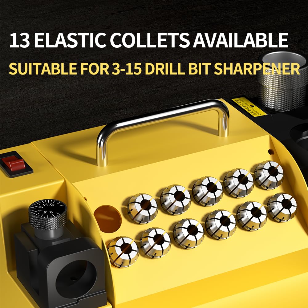 MRCM Drill Bits Sharpener,1/8'-9/16'（3mm -15mm） Drill bit Grinding Machine MR-13A, 95° to 135° Point Angle Re-Sharpener, Portable Bits Sharpening Machine with 13 Collets，All-Metal Housing