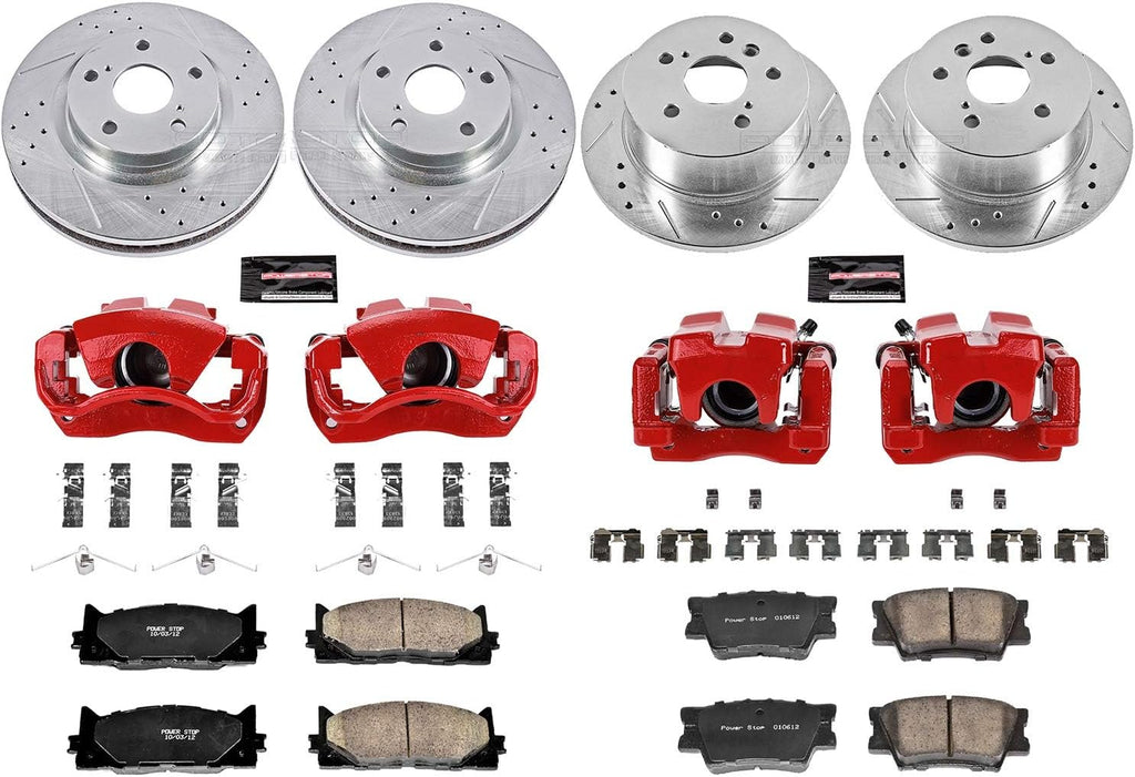 PowerStop Front and Rear Brake Kit for Lexus ES350 2007-12 |Toyota Avalon 2008-11 |Camry 2007-11 - Carbon-Fiber Ceramic Brake Pads + Drilled & Slotted Rotors + Red Powder Coated Calipers, KC2822