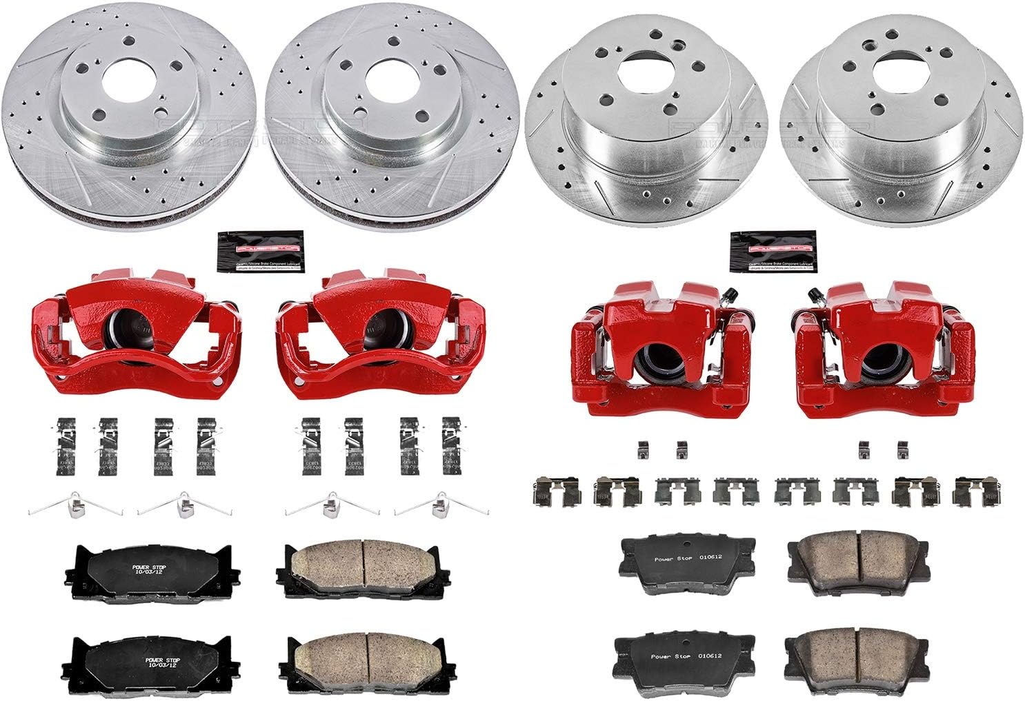 PowerStop Front and Rear Brake Kit for Lexus ES350 2007-12 |Toyota Avalon 2008-11 |Camry 2007-11 - Carbon-Fiber Ceramic Brake Pads + Drilled & Slotted Rotors + Red Powder Coated Calipers, KC2822