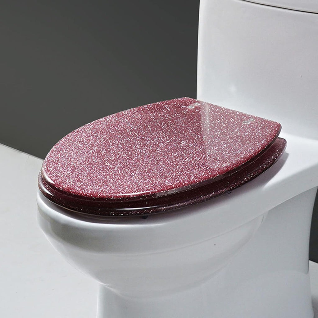 Resin Toilet Seat Soft Close Toilet seat Quick Release, Heavy Duty, Glitter Toilet Seat, Slow Close, Sparkling Toilet Seats for Bathroom, 14.2'×16.5',Gold,Pink