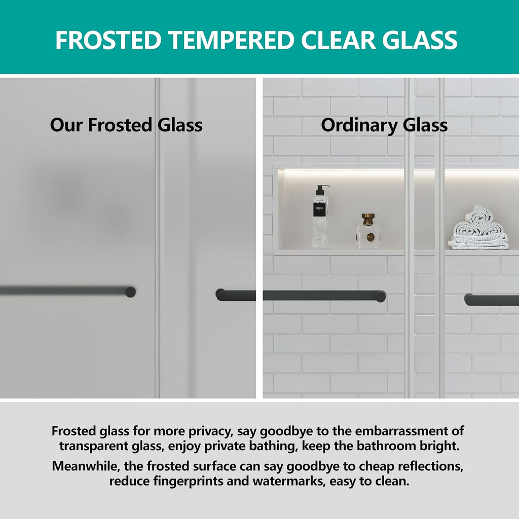 3/8'(10mm) Frosted Glass Shower Doors 56-60' W x 79' H Soft Closing System Double Sliding Frameless Towel Bar Handle Stainless Steel Hardware (Brushed Gold)