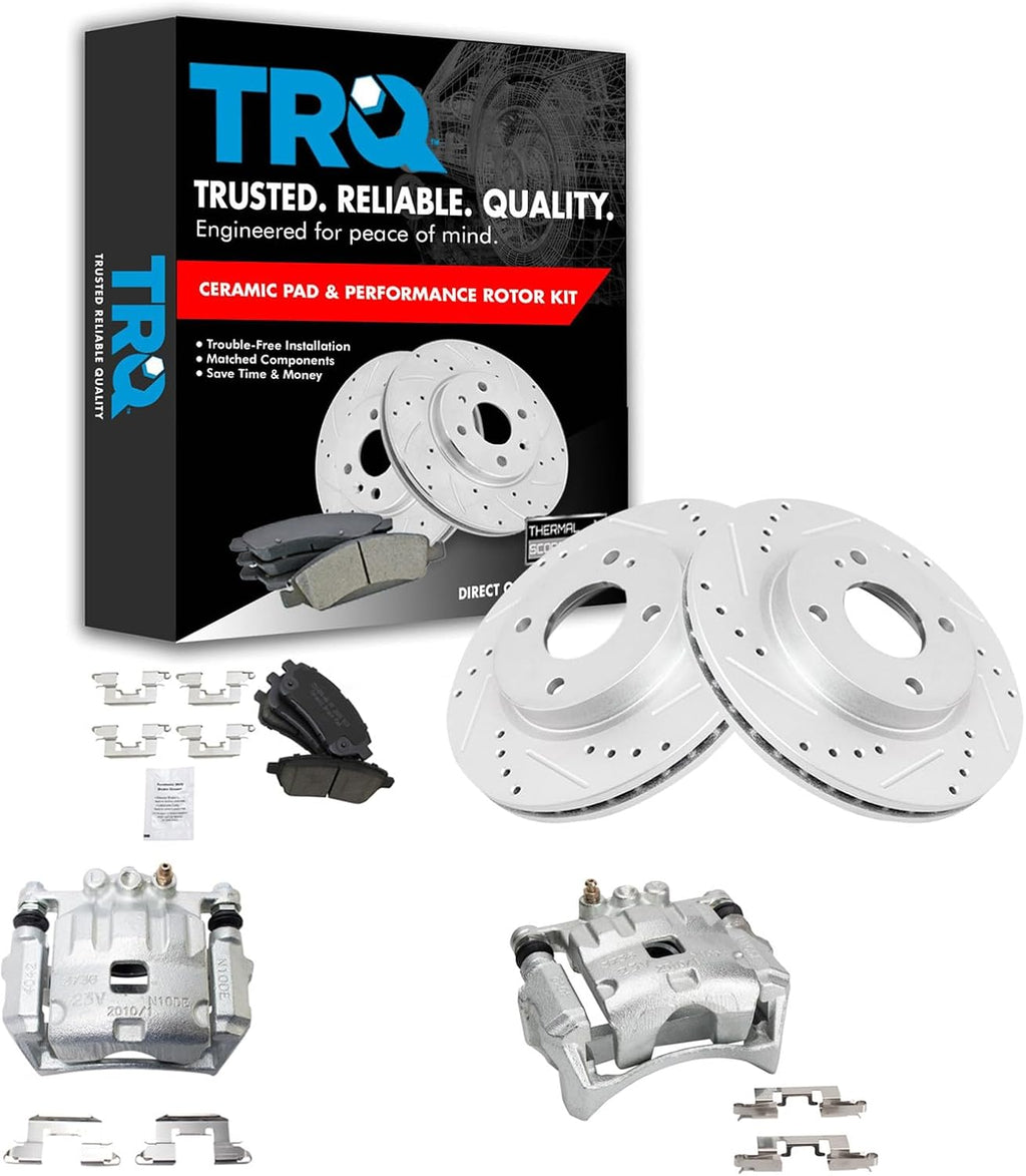 TRQ Performance Front Brake Pad and Rotor Set Ceramic Vented Coated Slotted Drilled Rotors Calipers Compatible with 2011-2018 Ford Fiesta