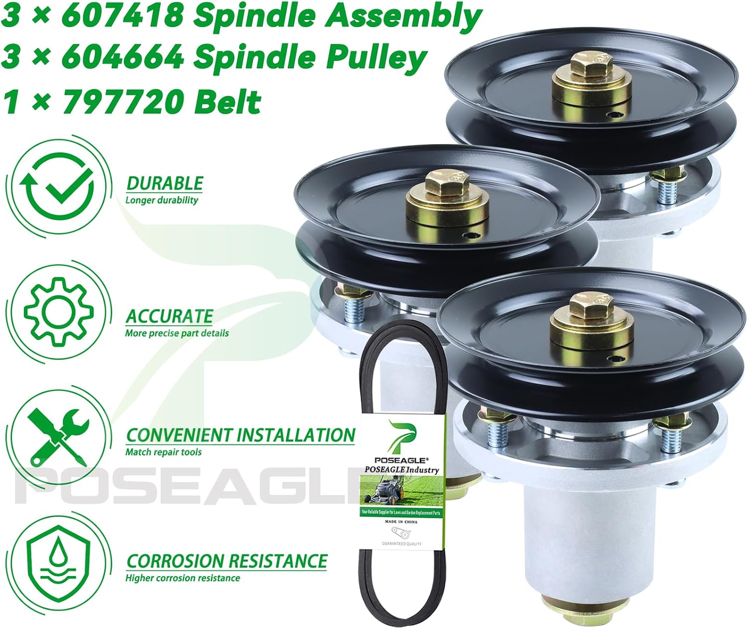 3 Pack 607418 Spindle Assembly with 604664 Spindle Pulley 797720 Belt 5/8x177 Replaces Hustler 601804 Spindle Assembly for Hustler Fastrak 54 inch Spindle, Hustler Raptor SD 54 Spindle