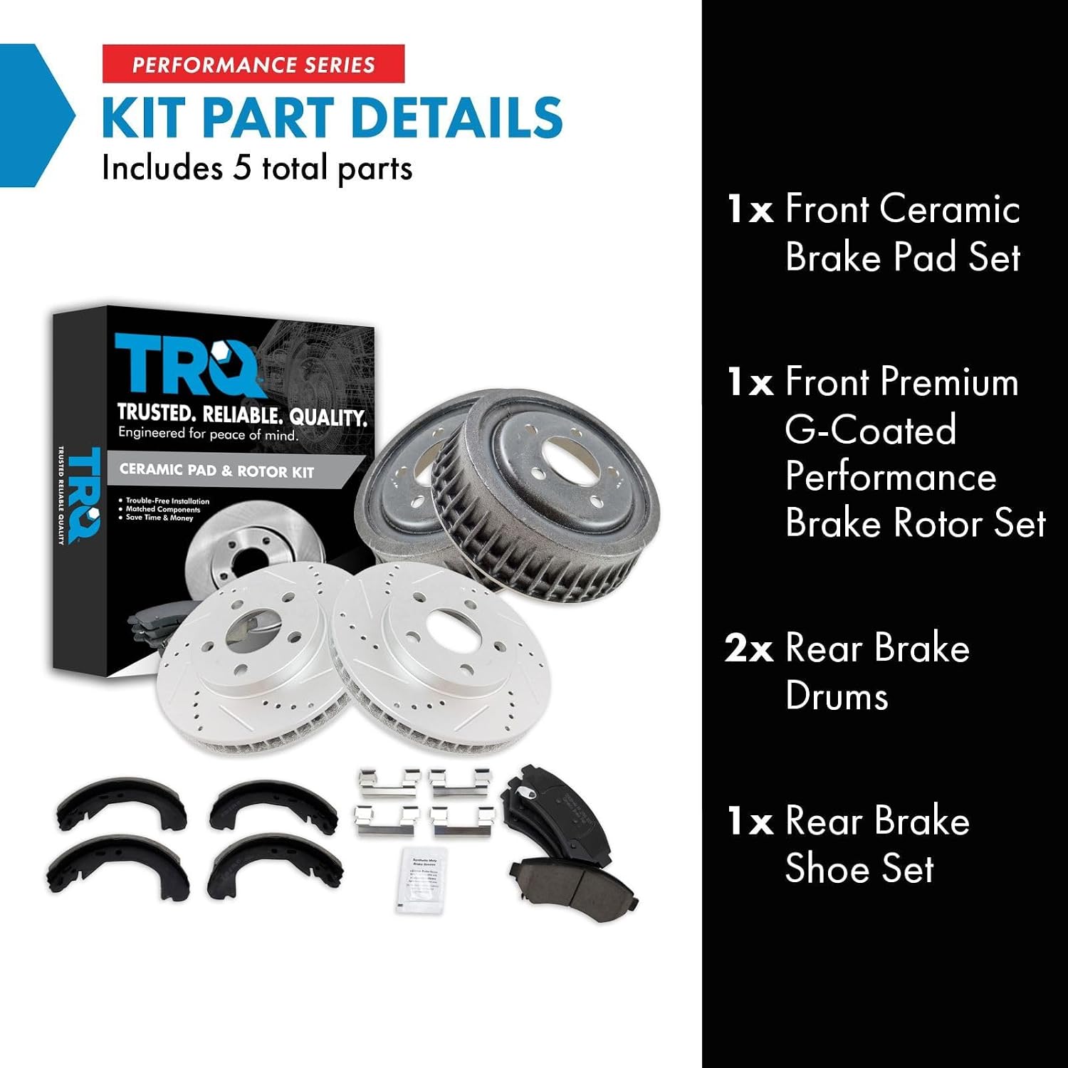 TRQ Ceramic Brake Pad Performance Rotor Drum & Shoe Front Rear Kit Compatible with GM