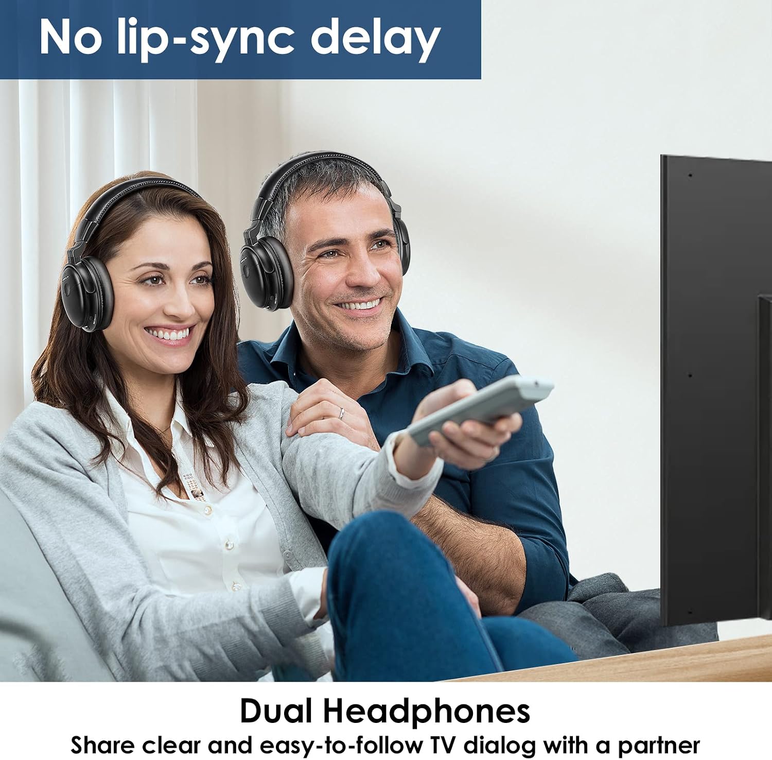SIMOLIO Dual Wireless Headphones for TV Watching w/ 2.4G Transmitter & Charging Stand & Spare Battery, Dialog Clarifying, by-Pass, Tone & Balance Control, Clear Voice for Seniors, Long Range, SM829D2
