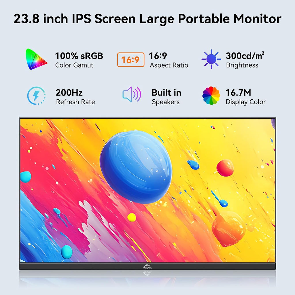 Kenowa 23.8' Large Portable Monitor 200Hz FHD 1080P IPS Freesync USB-C HDMI External Gaming Monitor with Dual Speakers Adjustable Stand, Second Display for Laptop Phone PC Computer Mac Xbox PS4