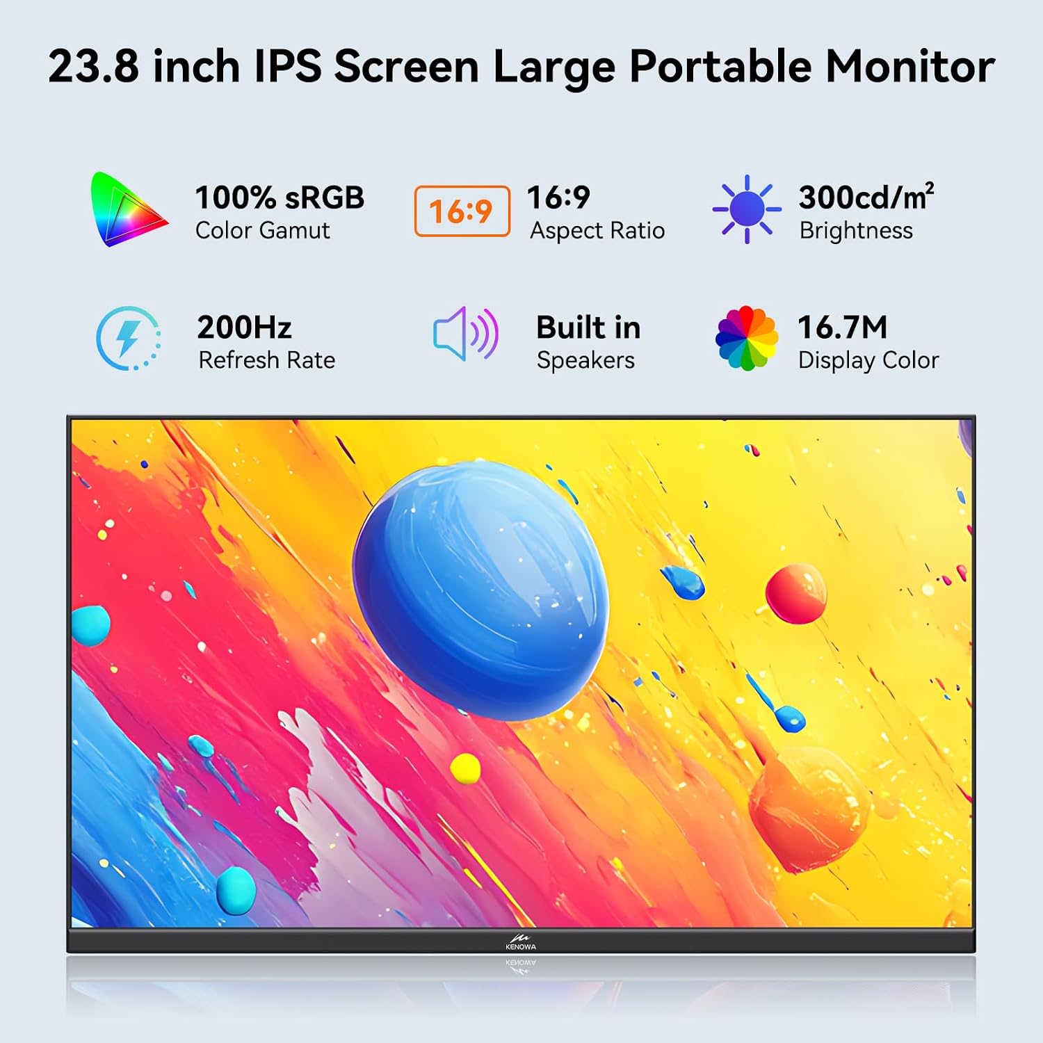 Kenowa 23.8' Large Portable Monitor 200Hz FHD 1080P IPS Freesync USB-C HDMI External Gaming Monitor with Dual Speakers Adjustable Stand, Second Display for Laptop Phone PC Computer Mac Xbox PS4
