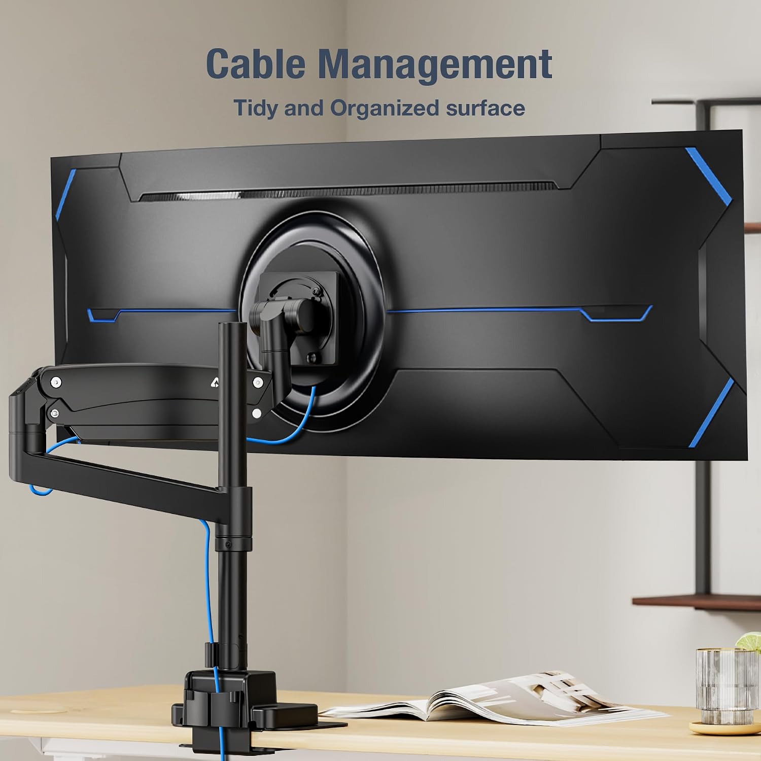 AVLT Single 57 Inch Heavy Duty Monitor Arm Pole Top Mount with USB-C/A Ports-Black, Height Adjustable, Easy Install Top C-Clamp/Grommet with Reinforcement Plates, VESA Compatible 200/100/75