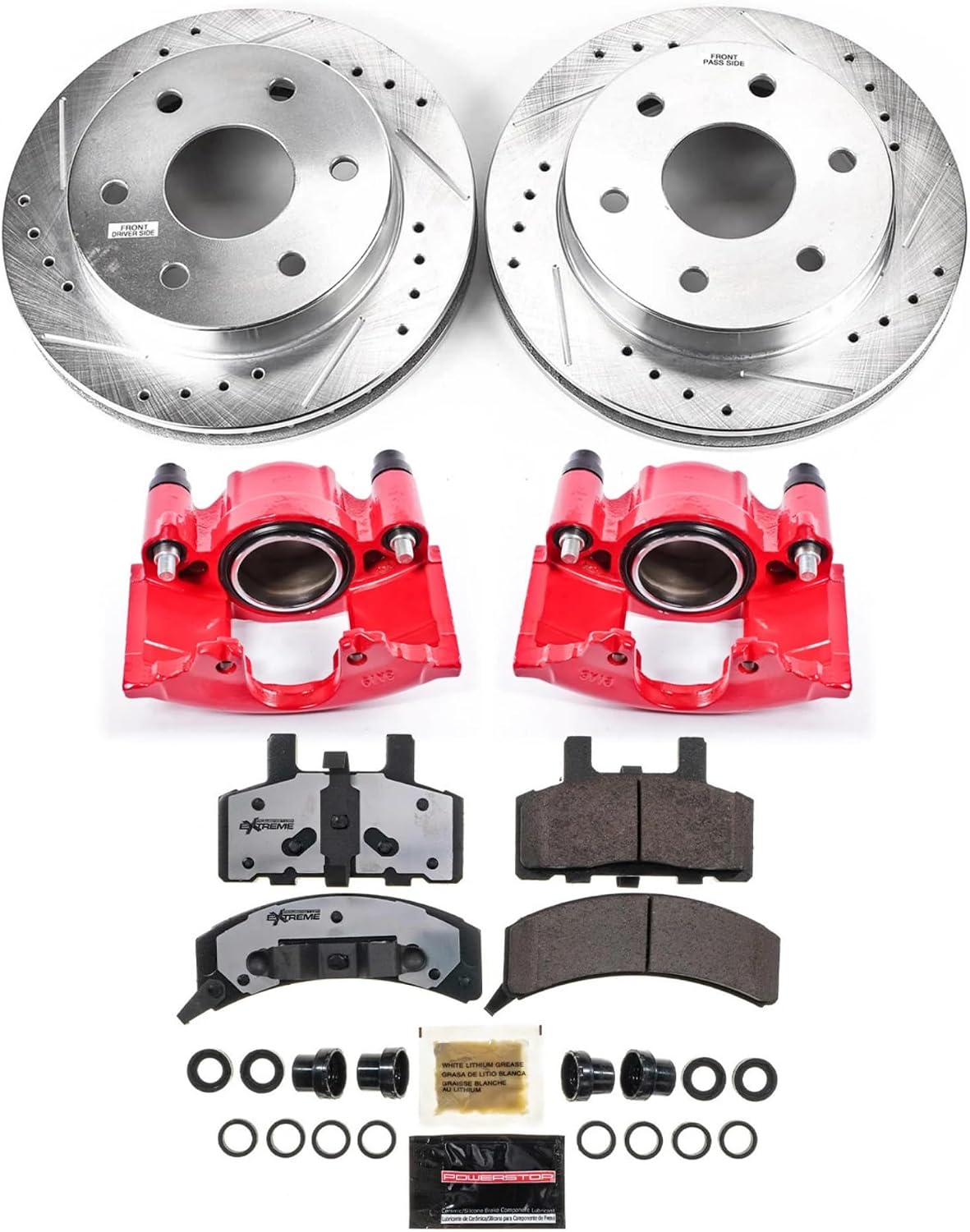 PowerStop Front Brake & Caliper Kit for Cadillac Escalade 1999-00 |Chevrolet Blazer 1992-94 |K1500 1988-99 - Drilled & Slotted Disc Rotors + Z36 Brake Pads + Red-Powder Coated Calipers, KC1970-36