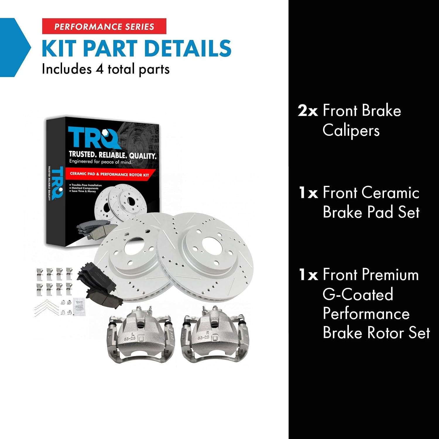 TRQ Performance Front Brake Pad and Rotor Set Ceramic Vented Coated Drilled Slotted Rotors Calipers Compatible with 2007-2012 Lexus ES350 2007-2011 Toyota Camry