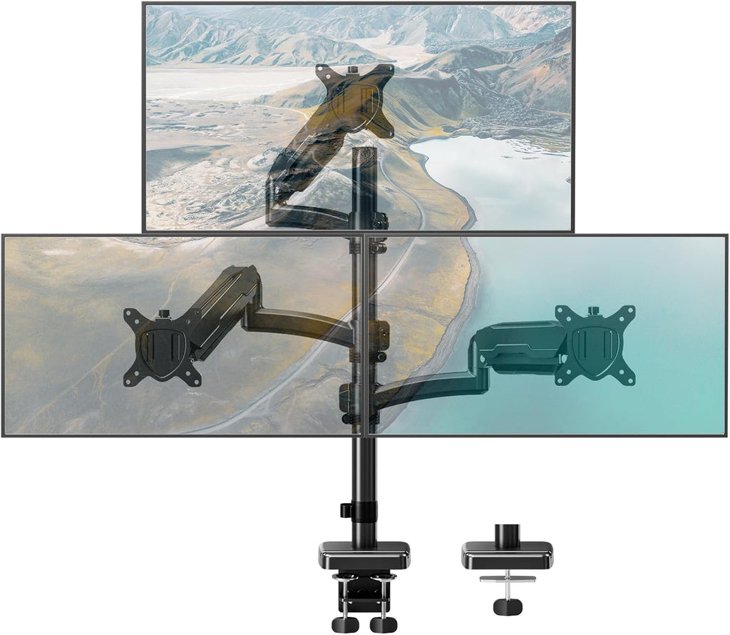 Triple Monitor Mount up to 32' Computer Screen, up to 19.8lbs Each, Adjustable 3 Monitor Stand with Clamp & Grommet Kit, Gas Spring Arm with Tilt Swivel Rotate, VESA Mount 75x75/100x100mm