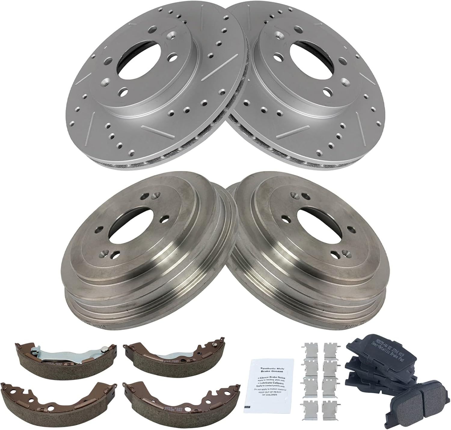 TRQ Front & Rear Brake Pad & Rotor,Shoe & Drum Kit Premium G-Coated Performance Slotted X Drilled Ceramic Compatible with 2006-2011 Kia Rio
