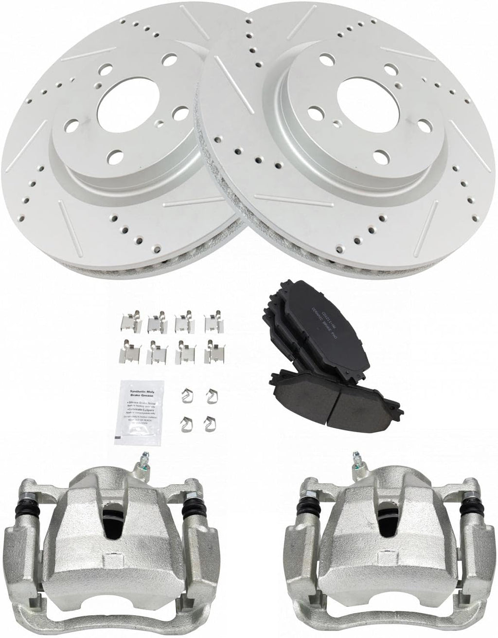 TRQ Performance Front Brake Calipers Ceramic Pads & Drilled Rotors Compatible with Corolla Matrix RAV4