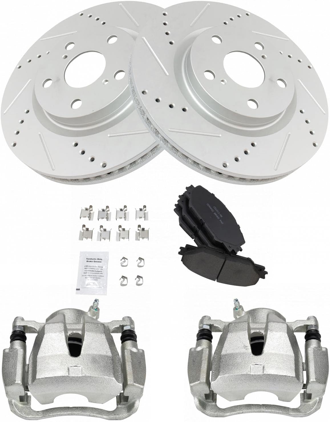 TRQ Performance Front Brake Calipers Ceramic Pads & Drilled Rotors Compatible with Corolla Matrix RAV4