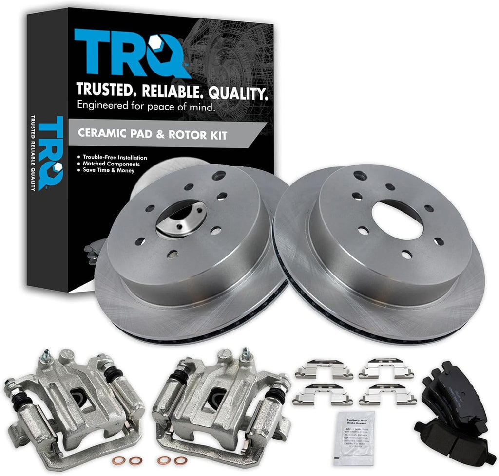 TRQ Rear Brake Pad and Rotor Set Ceramic Vented Rotors Calipers Compatible with 2006-2007 Nissan Xterra