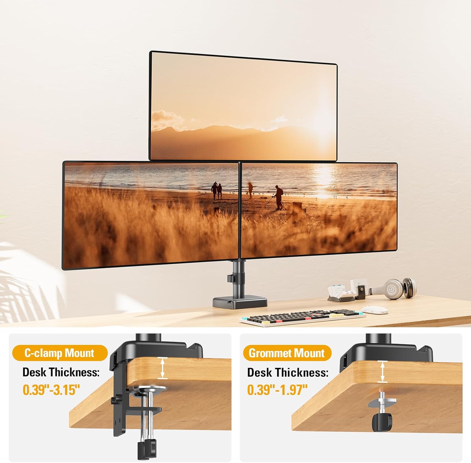 Triple Monitor Mount up to 32' Computer Screen, up to 19.8lbs Each, Adjustable 3 Monitor Stand with Clamp & Grommet Kit, Gas Spring Arm with Tilt Swivel Rotate, VESA Mount 75x75/100x100mm
