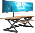 Rocelco 46' Large Height Adjustable Standing Desk Converter - Quick Sit Stand Up Triple Monitor Riser - Gas Spring Computer Workstation - Retractable Keyboard Tray - Teak Wood Grain (R DADRT-46)