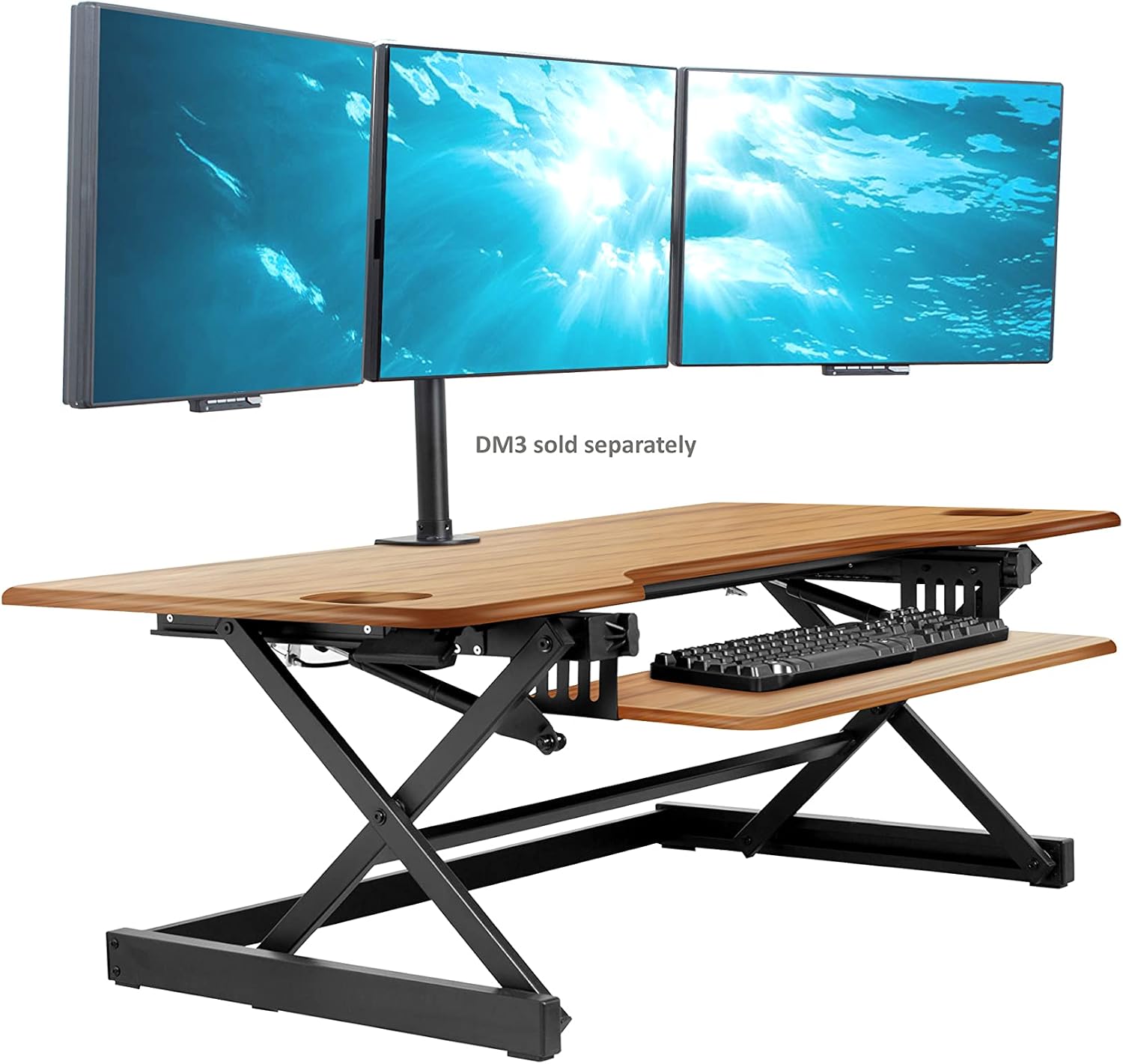 Rocelco 46' Large Height Adjustable Standing Desk Converter - Quick Sit Stand Up Triple Monitor Riser - Gas Spring Computer Workstation - Retractable Keyboard Tray - Teak Wood Grain (R DADRT-46)