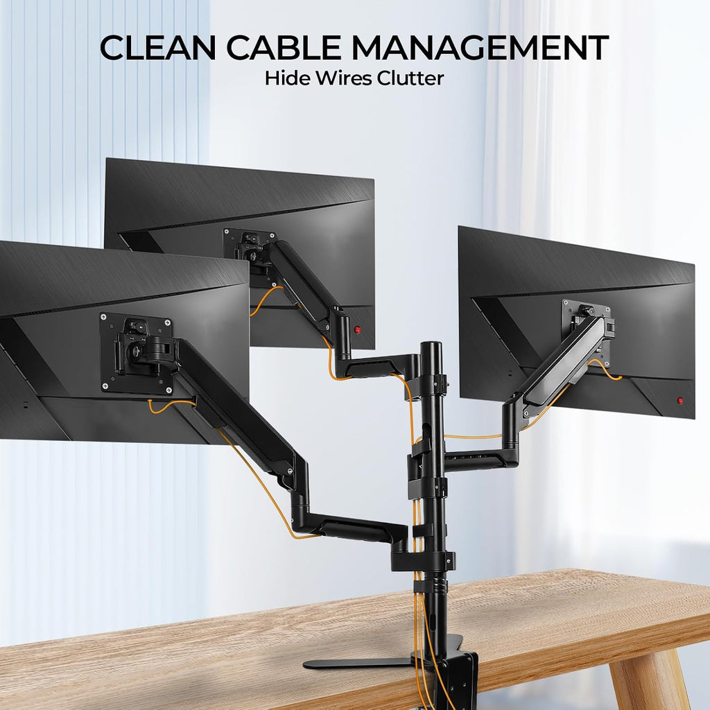 Triple Monitor Mount - Vesa Mount，Gas Spring Adjustable 3 Monitor Desk Stand with Swivel，Tilt，and Clamp Functions for Computer Screens from 17-32 Inches，Each Stand Holds 19.8 LBS