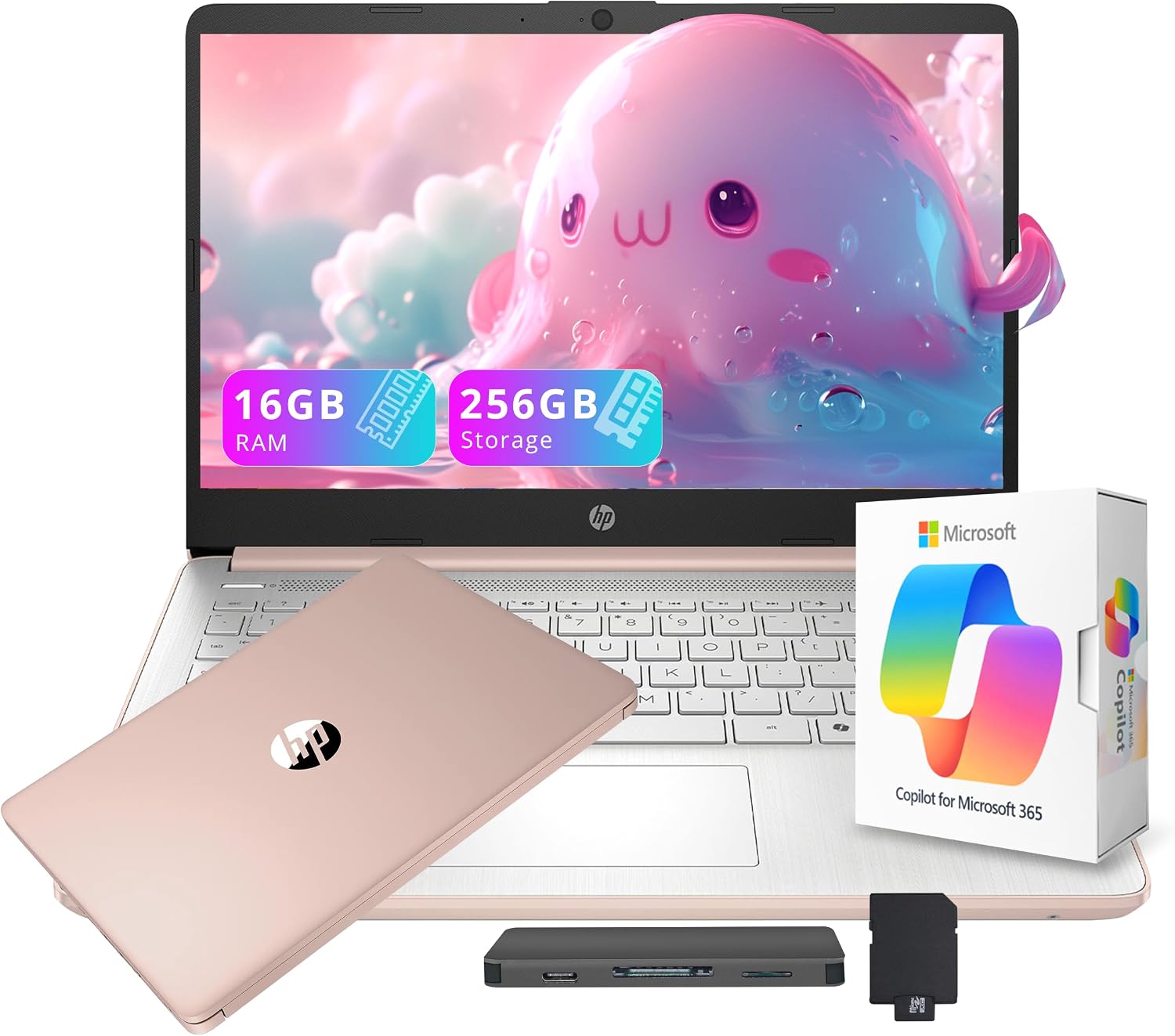 HP Flagship 14' HD Student&Business Laptop with AI Copilot, 13th Gen Intel 4-Core, 16GB RAM, 256GB Storage (128GB UFS + 128GB Docking Station), 1 Year Office 365, 720p Webcam, Win 11, Pale Rose Gold