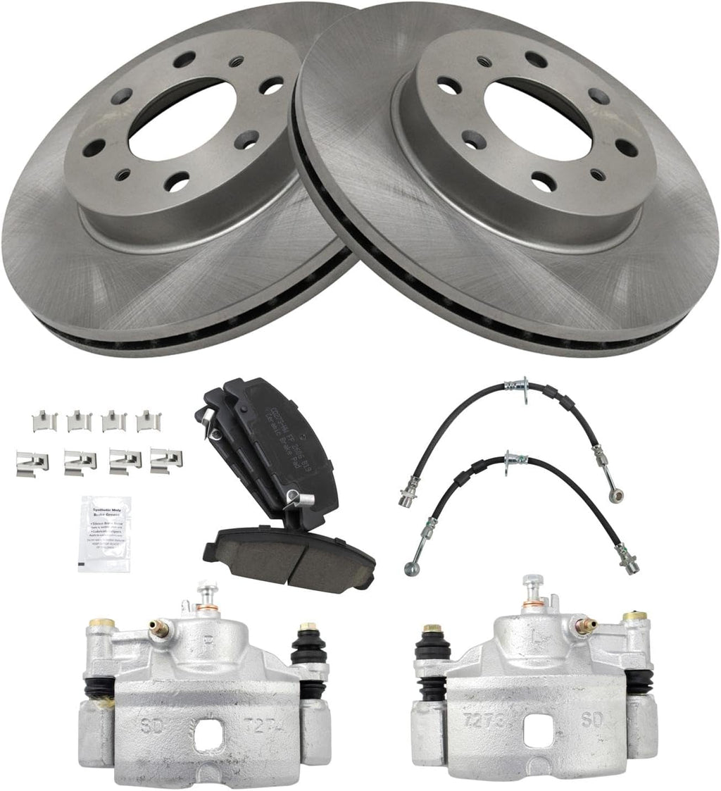TRQ Front Brake Pad and Rotor Set Ceramic Vented Rotors Calipers Hoses Compatible with 1996-2000 Honda Civic