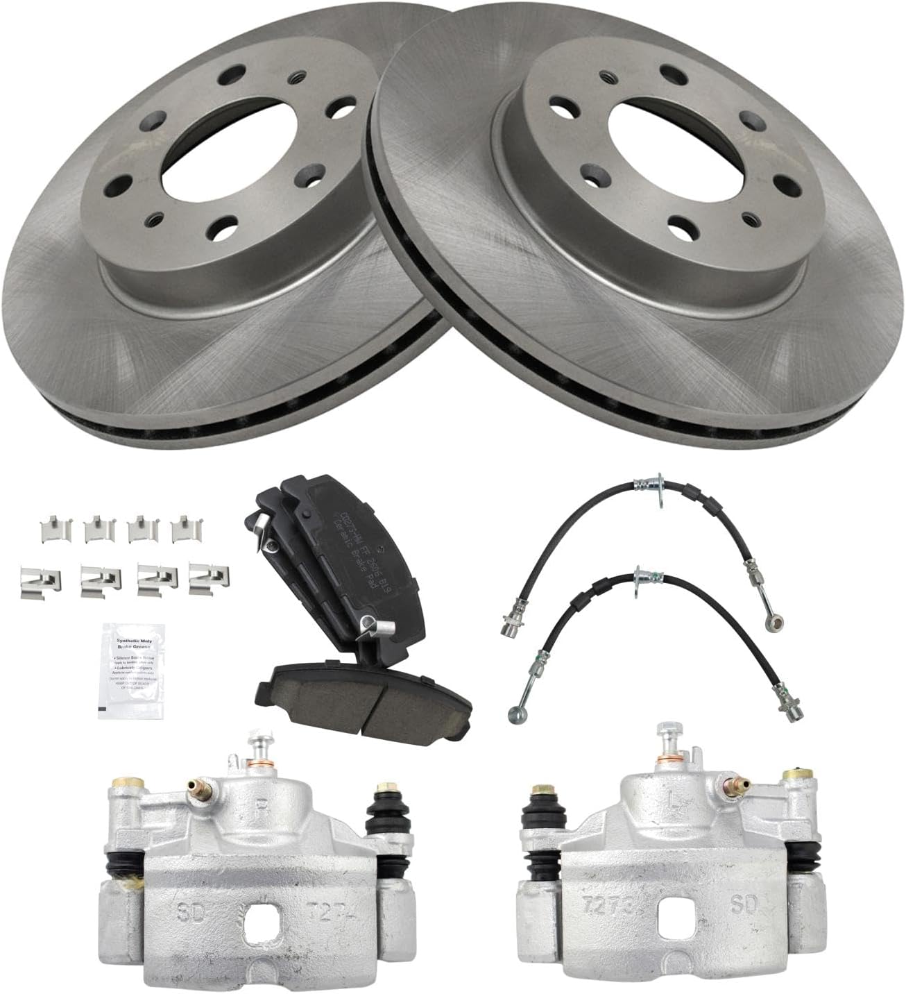 TRQ Front Brake Pad and Rotor Set Ceramic Vented Rotors Calipers Hoses Compatible with 1996-2000 Honda Civic