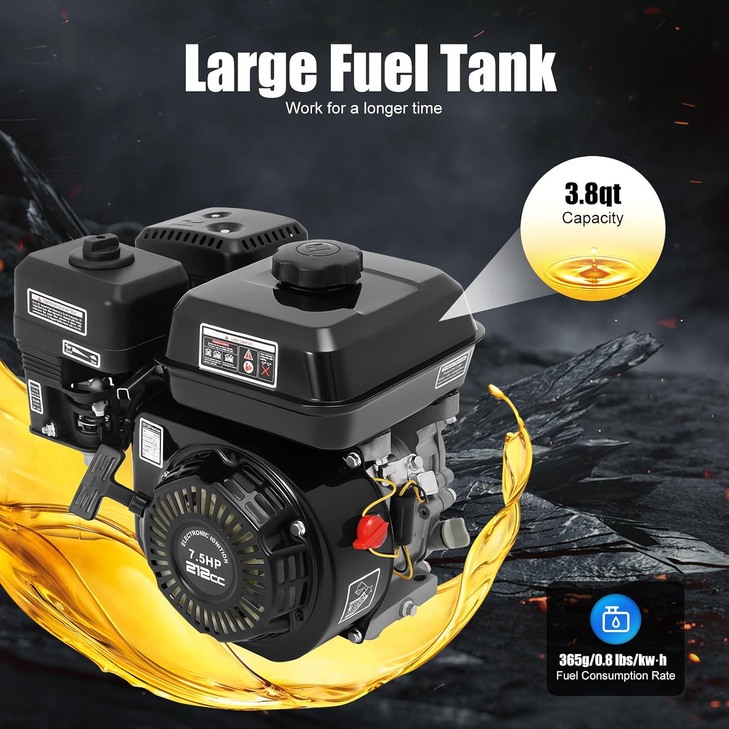 4 Stroke Gasoline Engine, 7.5HP GX160 Gas Engine OHV Air Cooled Pull Start Motor, 210CC Single Cylinder Pull Start Gas Powered Motor for Compressor, Lawn Mower, Water Pump, Pressure Washer, Go Kart