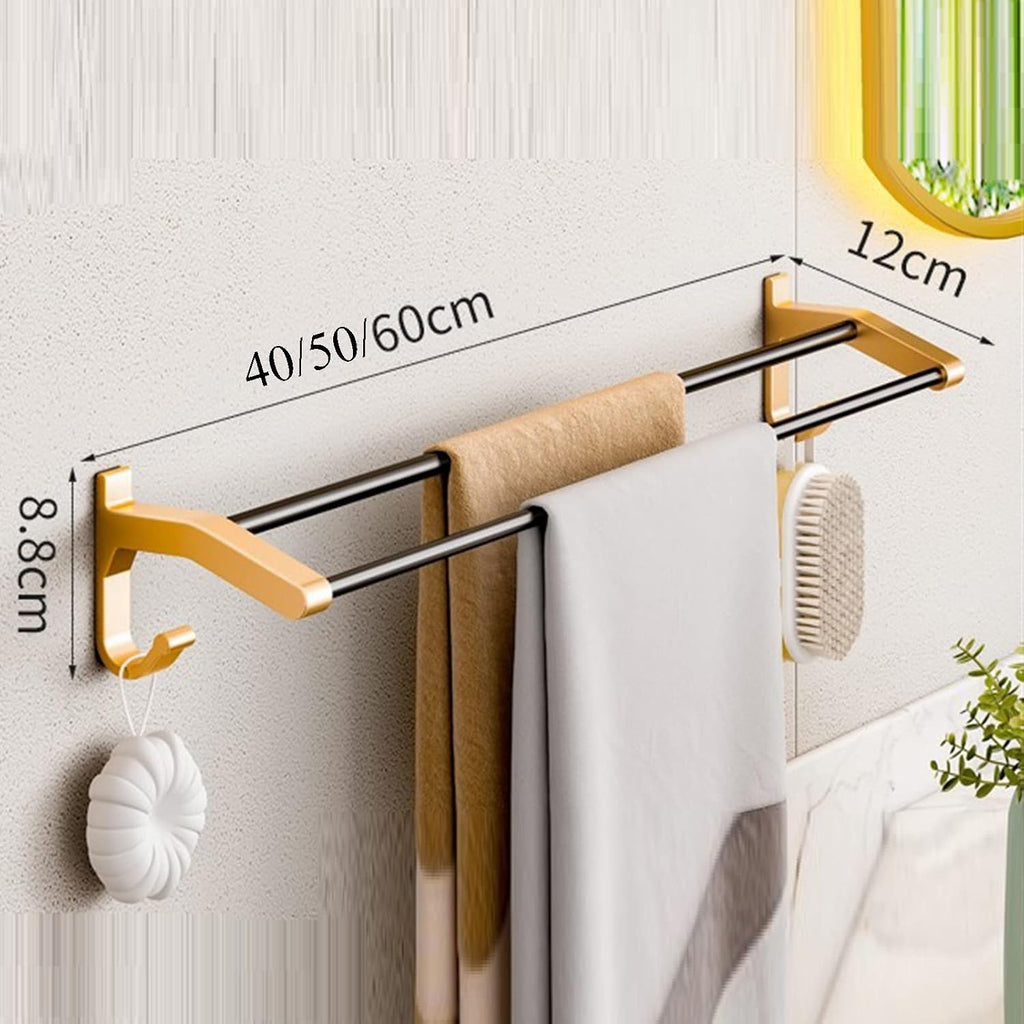 Towel Rack No Drilling Towel Holder with Hook Towel Shelf Adhesive Double Bar Wall Mounted Space Aluminum for Bathroom Kitchen,Gold,60cm Bathroom (Gold 40cm)