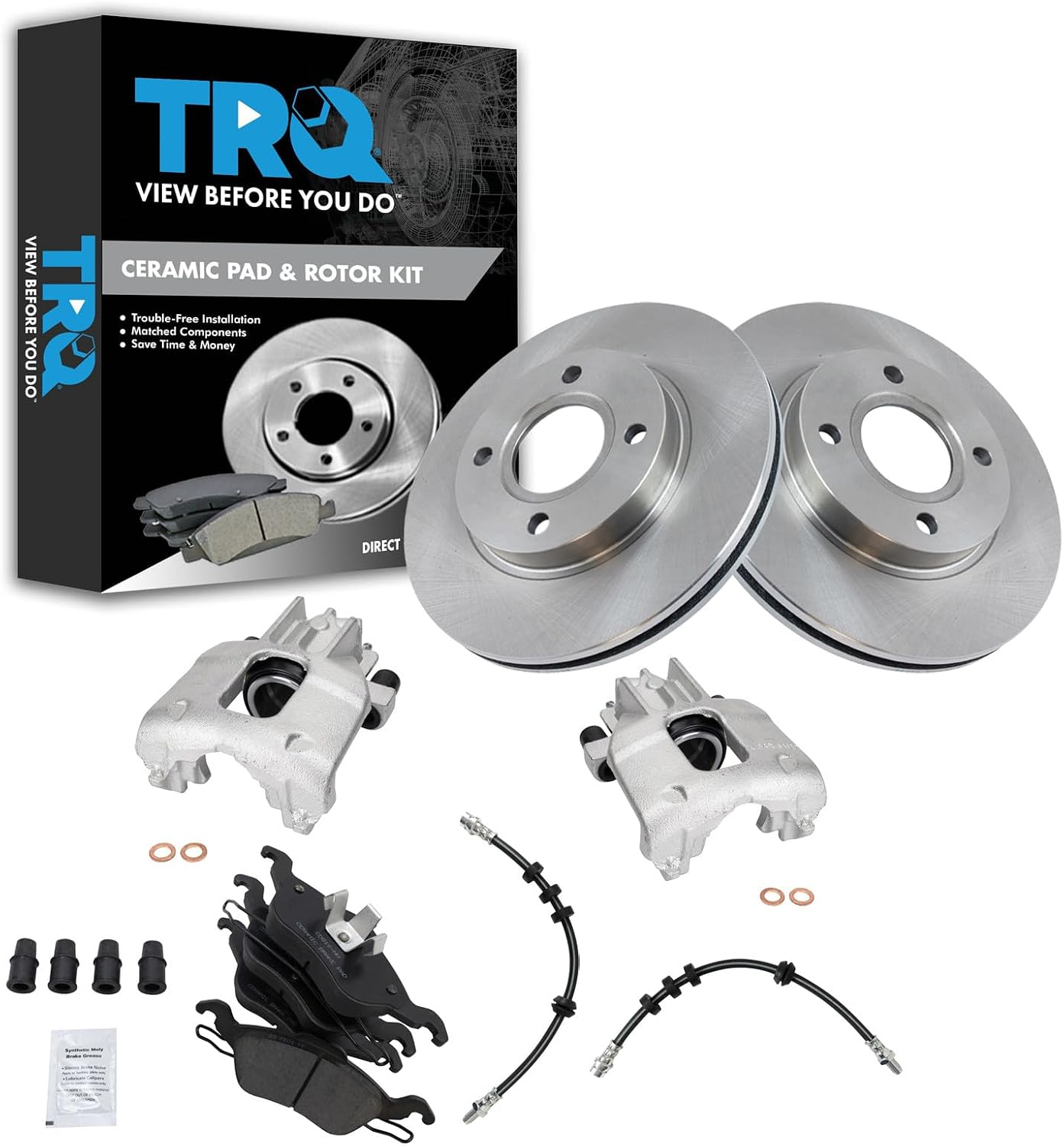 TRQ Front Brake Pad and Rotor Set Ceramic Rotors Calipers Hoses Compatible with 2000-2004 Ford Focus