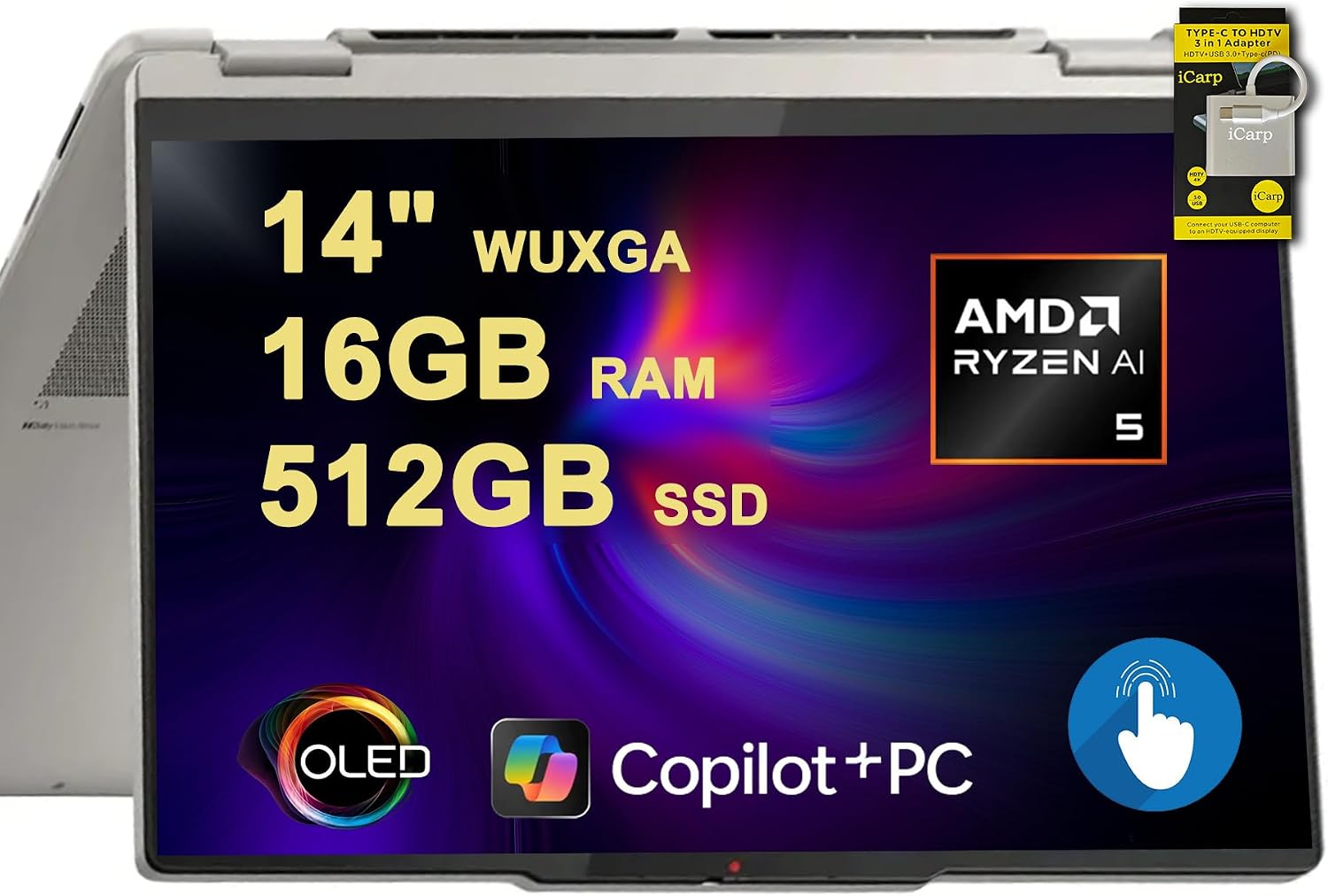Lenovo Yoga 7 2-in-1 Laptop 14' WUXGA OLED Touch (100% DCI-P3, 600nits HDR) AMD 6-core Ryzen AI 5 340 (Up to 50 Tops) 16GB DDR5 512GB SSD for Creator Business Work Win11 ICP Hub