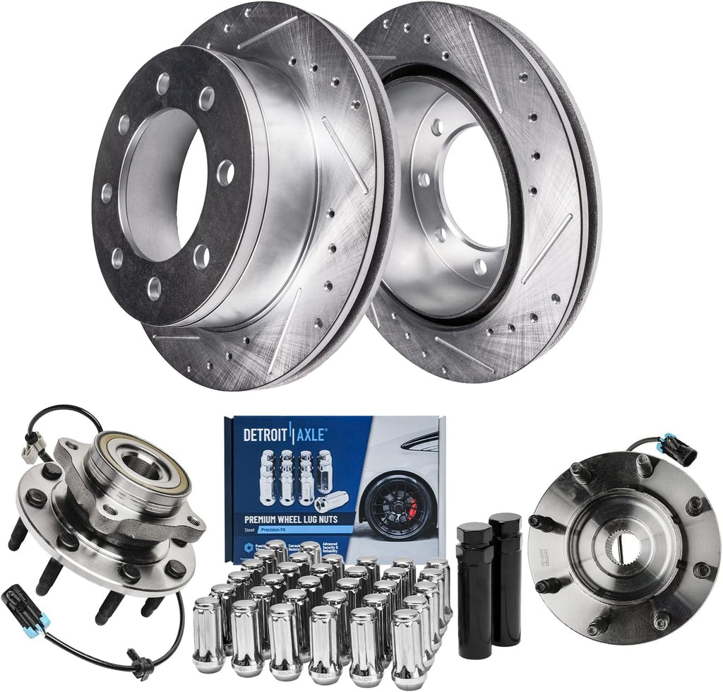 Detroit Axle - 4WD Front Brake Kit for Silverado Sierra Suburban 2500 HD 3500 Chevy GMC Hummer H2, Drilled & Slotted Brake Rotors Wheel Bearing Hubs Wheel Lug Nuts Socket Key Replacement